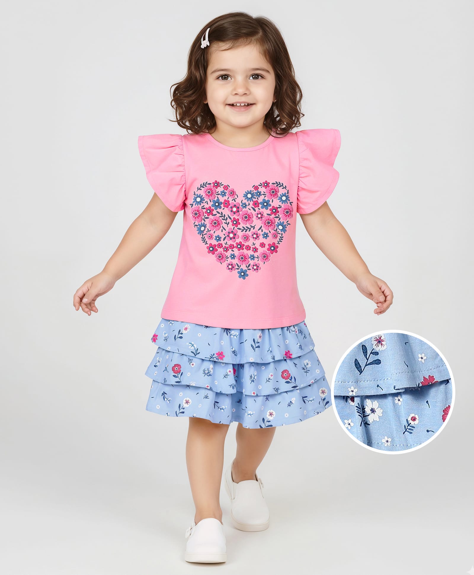 Babyhug Single Jersey Knit Half Flutter Sleeves Top & Layered Skirt Set with Floral & Hearts Puff Print - Pink & Light Blue-picture-27