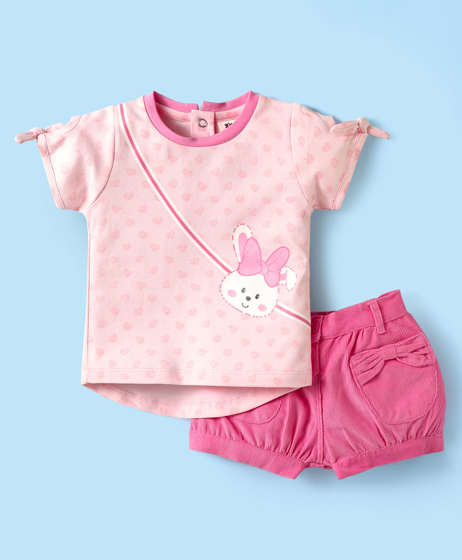 ToffyHouse Knit Half Sleeves Top & Shorts Set With Bunny & Heart Print - Peach & Pink-image-31