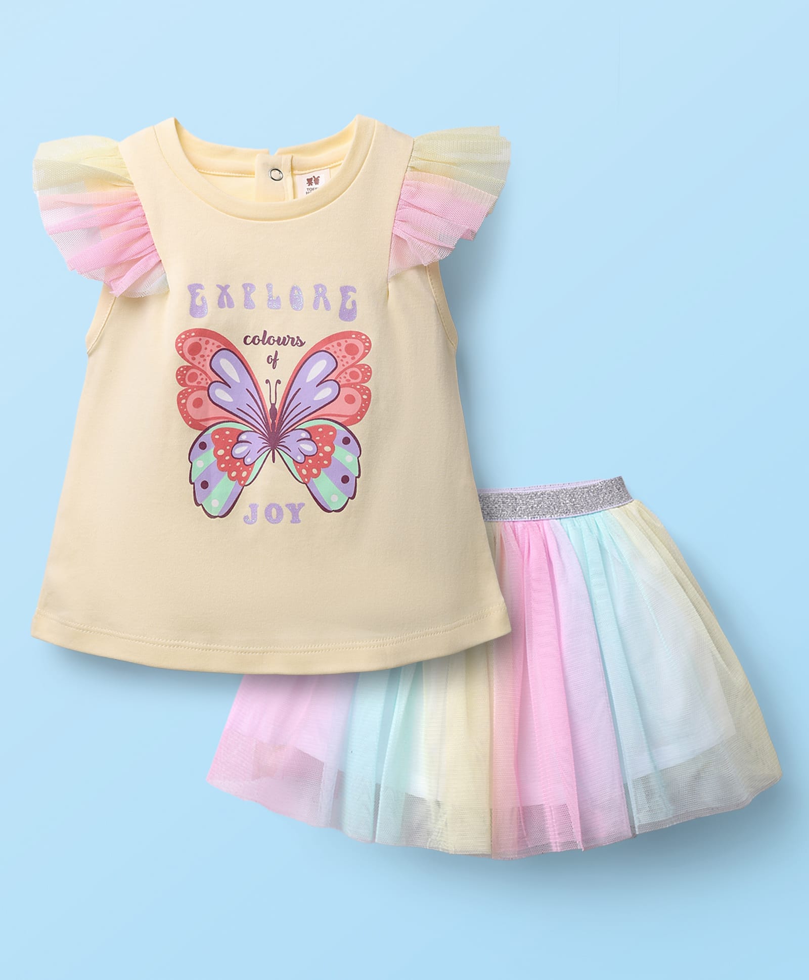 ToffyHouse Knitted Half Sleeves Top & Skirt with Ruffles & Butterfly Print - Yellow & Pink-picture-38