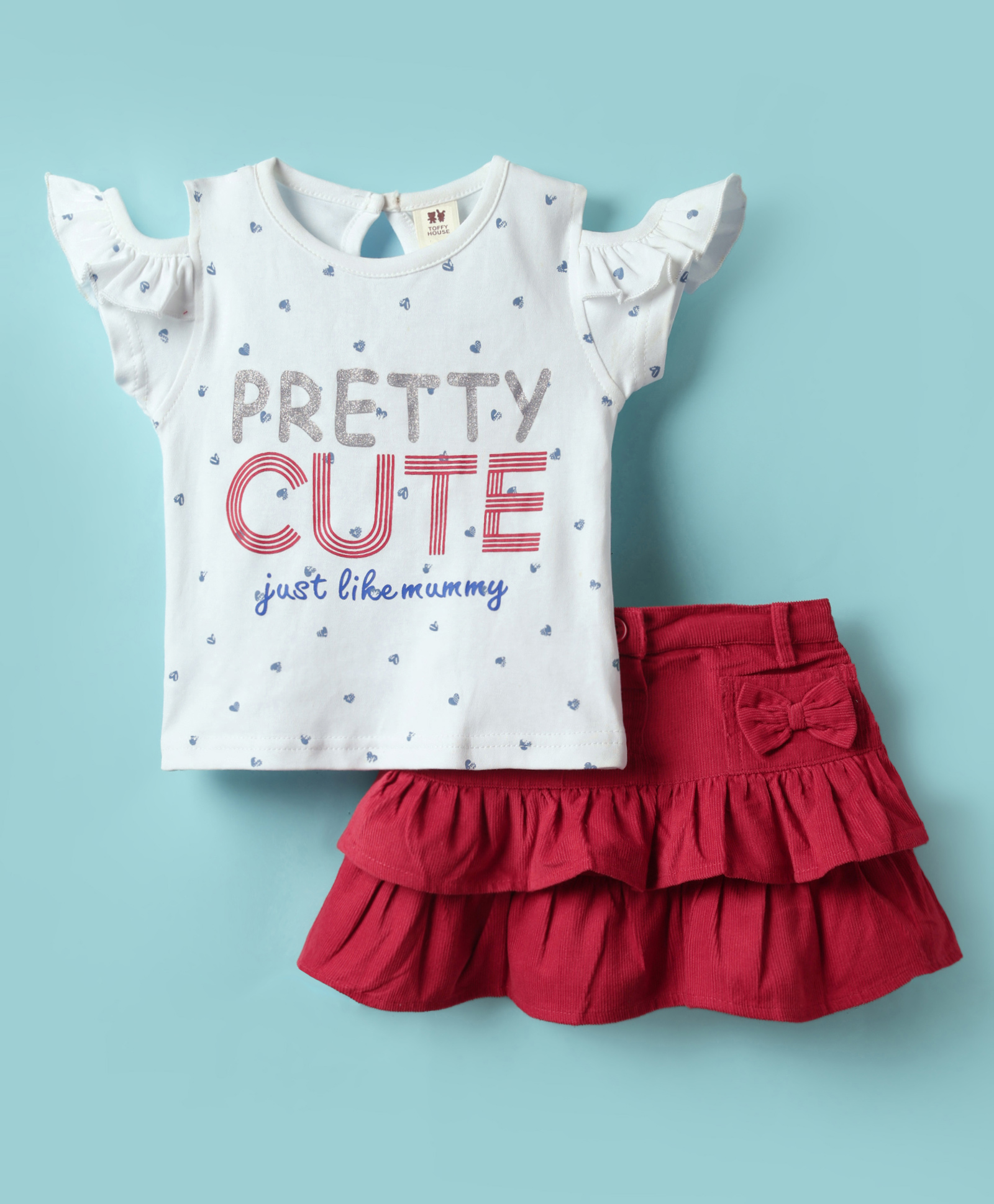 ToffyHouse Knitted Frill Sleeves Top & Layered Skirt with Text Glitter Print - Red & White-image-40