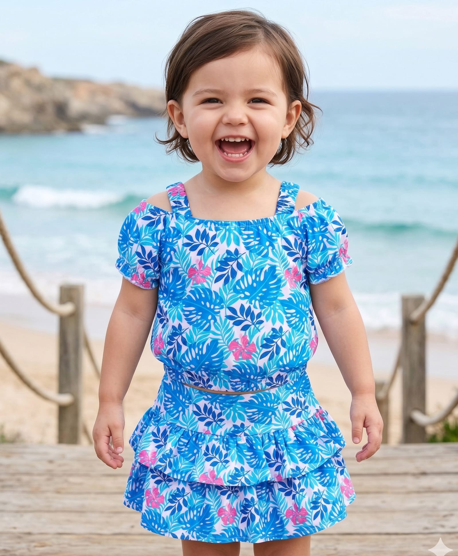 Babyhug Single Jersey Cold Shoulder Top & Skirt Co -Ord Set With Floral Print - Blue-image-32