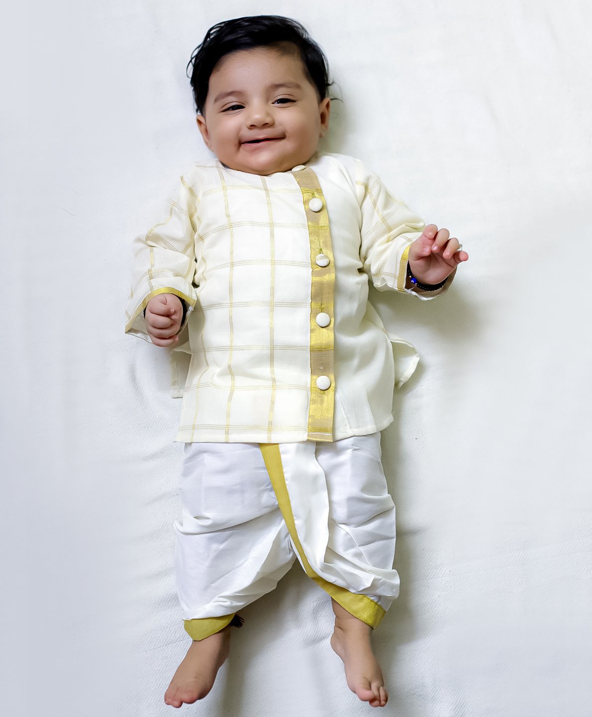 BownBee Cotton Full Sleeves Checked South Indian Dhoti Kurta Set - Off White-picture-18