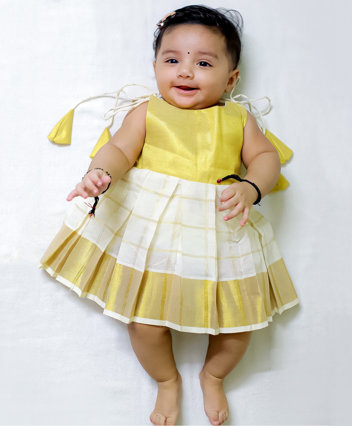 BownBee Cotton Sleeveless Checked South Indian Dress - Off White-image-36