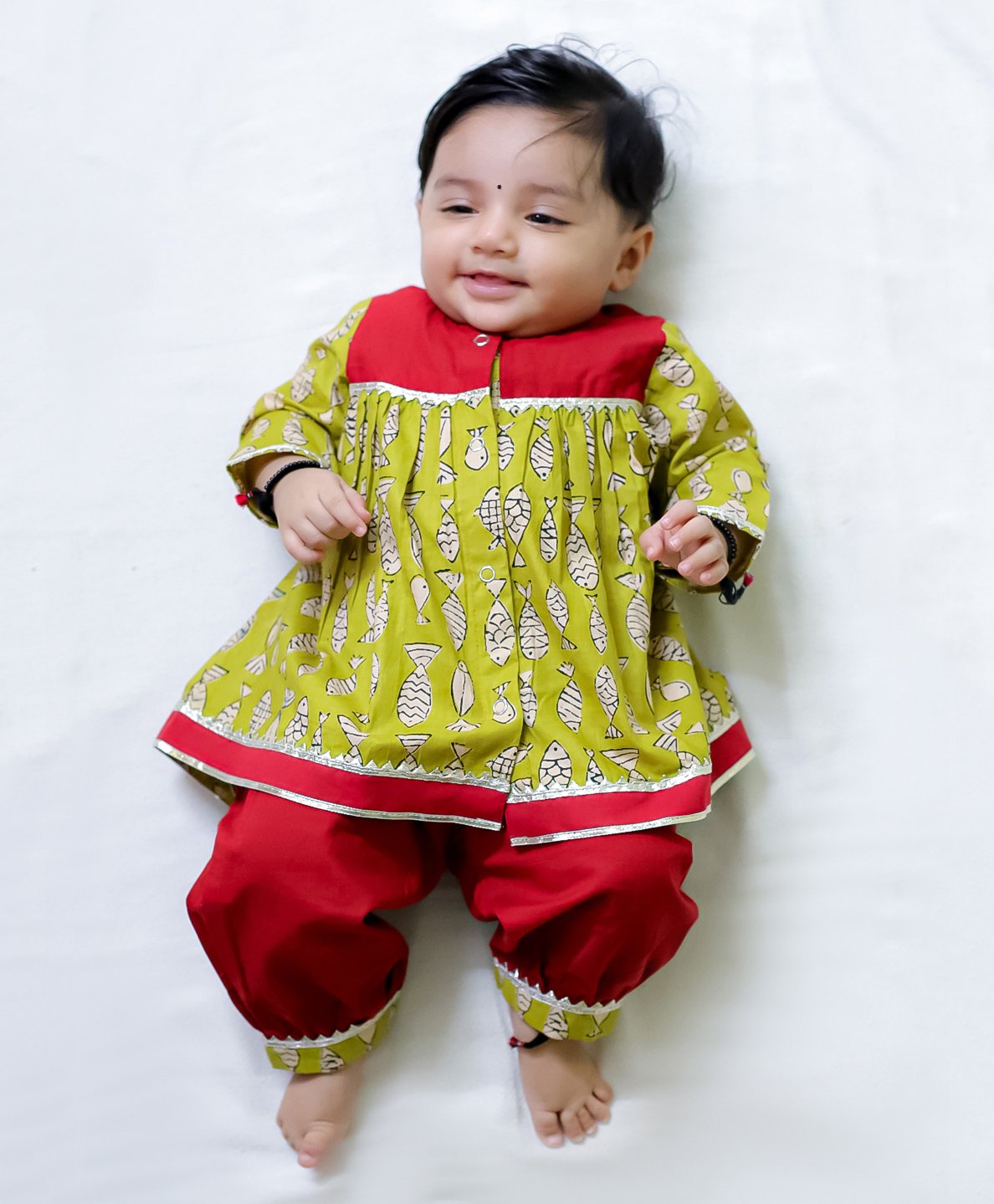 BownBee Cotton Full Sleeves Fish Printed & Lace Embellished Kurta Harem Set - Red-image-33