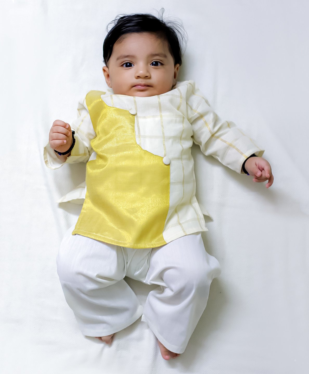 BownBee Cotton Full Sleeves Checked Cut & Sew South Indian Kurta Pyjama Set - Off White-picture-18