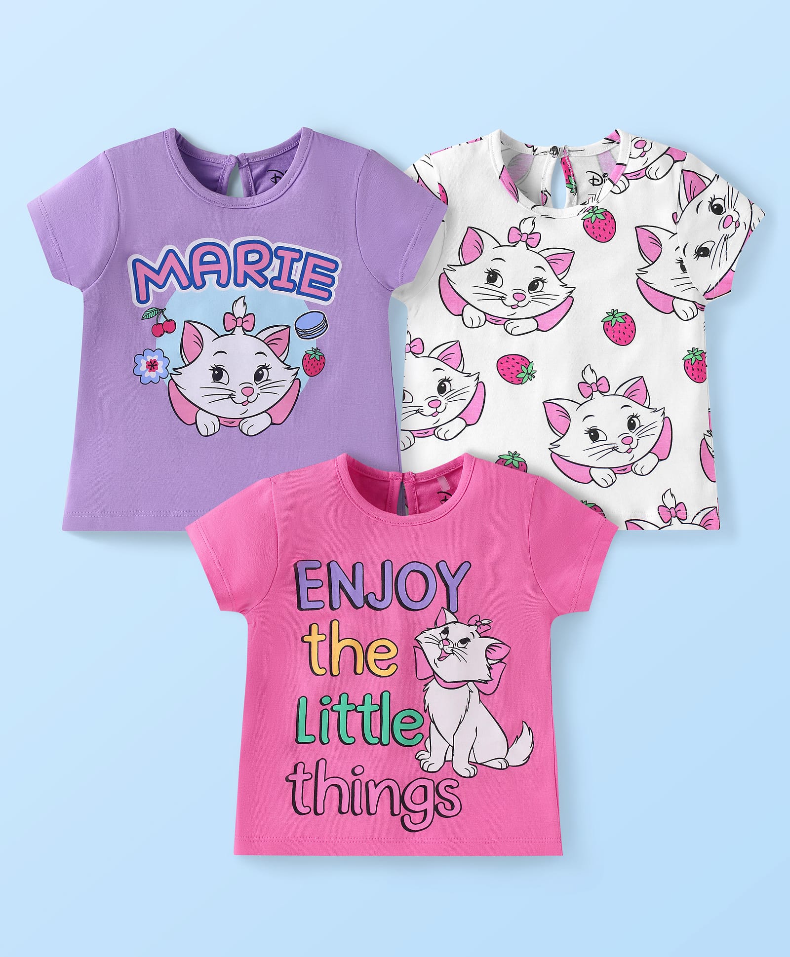 Babyhug Disney Single Jersey Knit Half Sleeve T-Shirt with Aristocats Marie Graphics Pack of 3 - Lilac Pink & White-picture-22