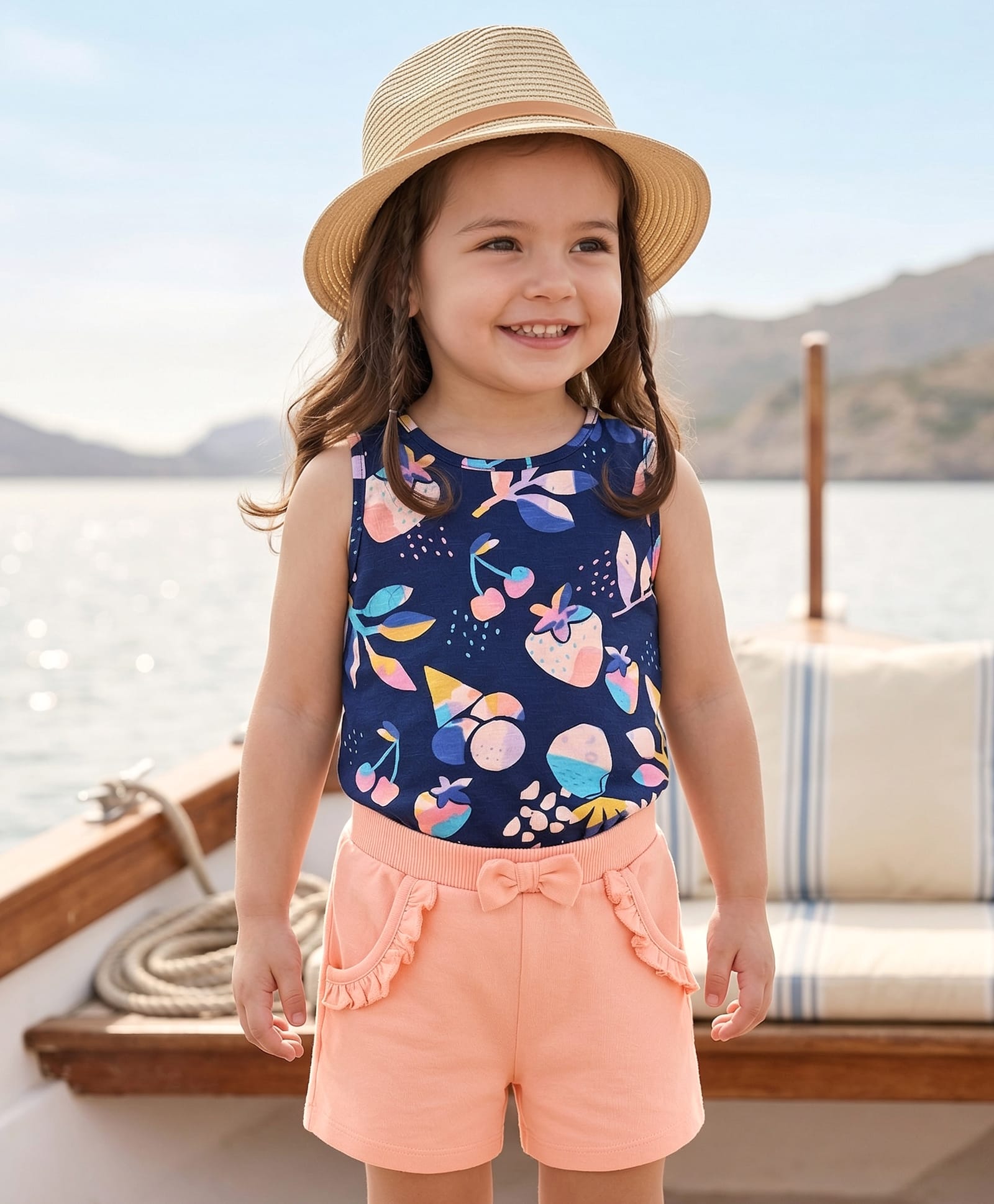Babyhug Single Jersey Knit Sleeveless T-Shirt & Shorts Set with Tropical Theme Print - Navy Blue & Pink-image-21