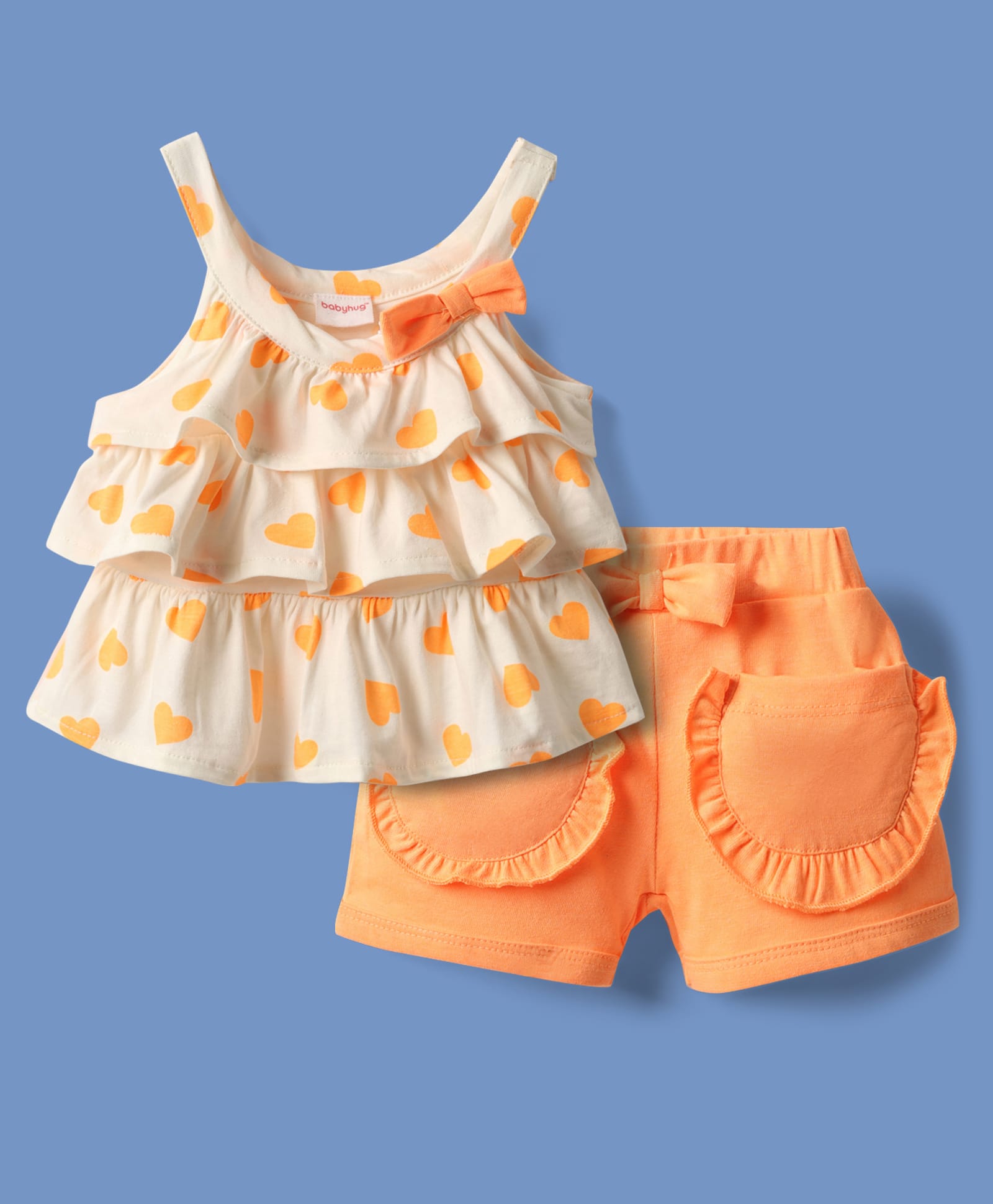 Babyhug Single Jersey Knit Singlet Sleeves Top & Shorts Set With Heart Print & Bow Applique - Orange