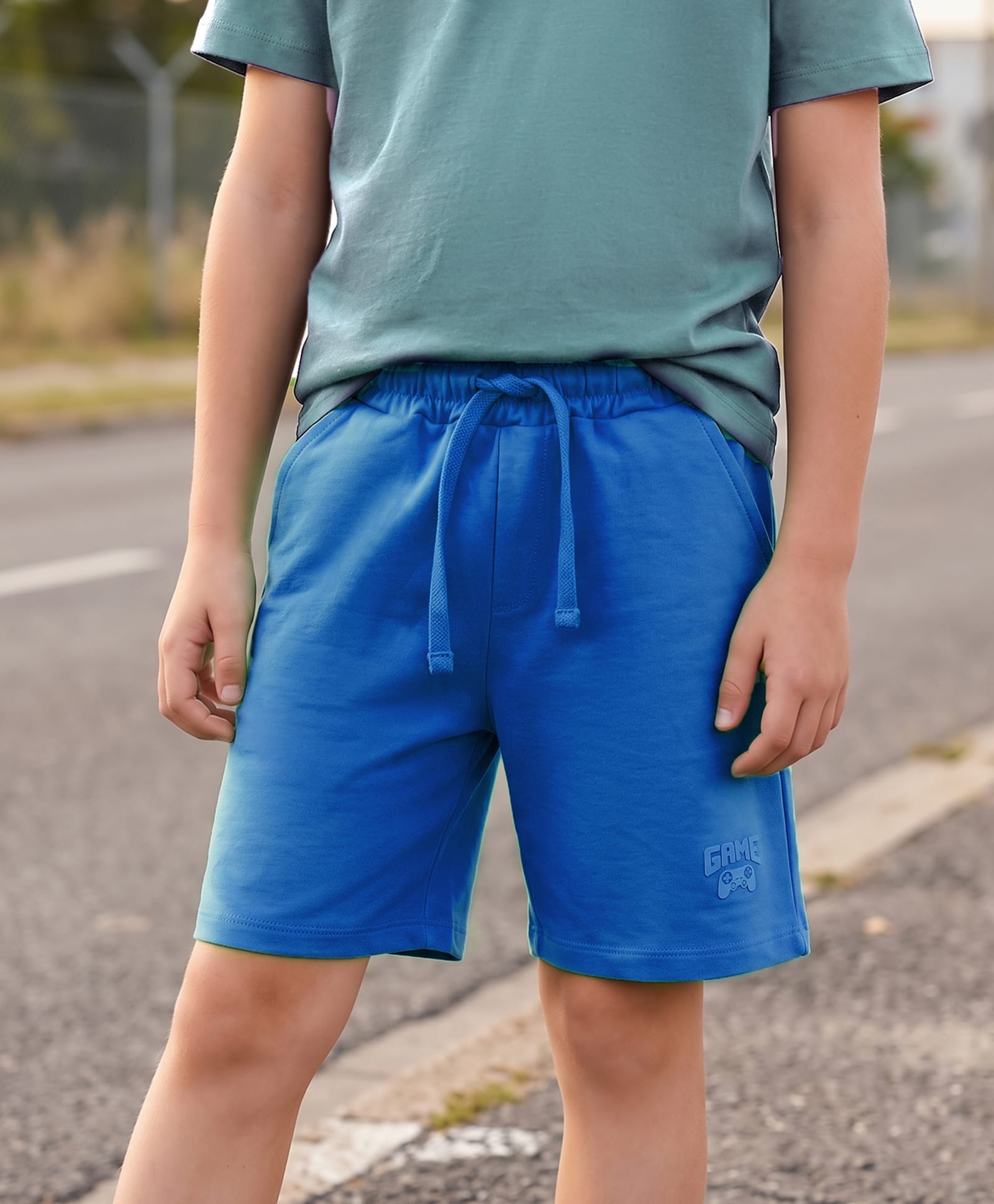 kookie kids india Kookie Kids 240GSM Terry Shorts With HD Print & Drawcord - Blu-picture-10