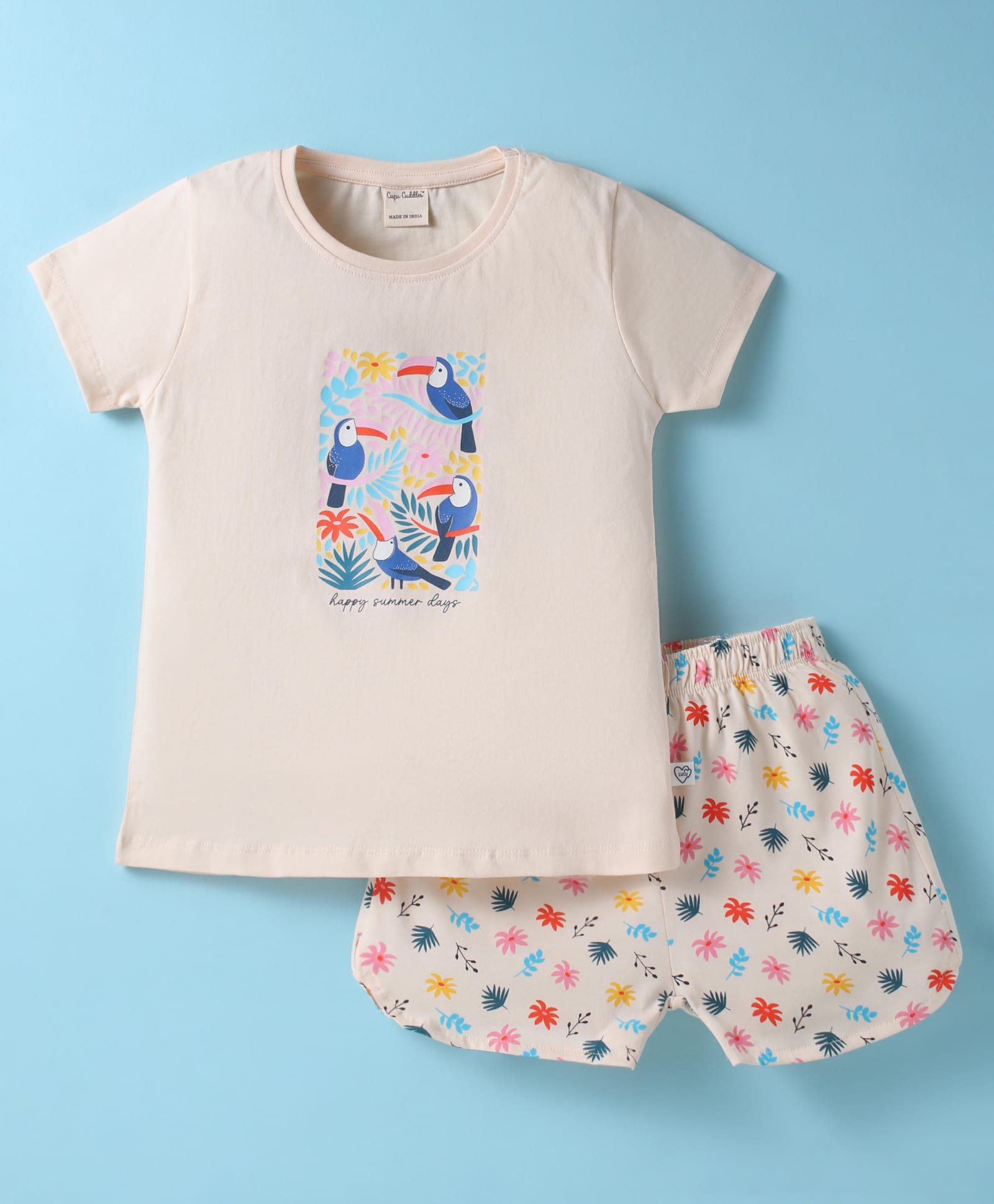 CUCUMBER Sinker Knit Half Sleeves Shorts Night Suit with Bird & Floral Print - Baby Pink-picture-42