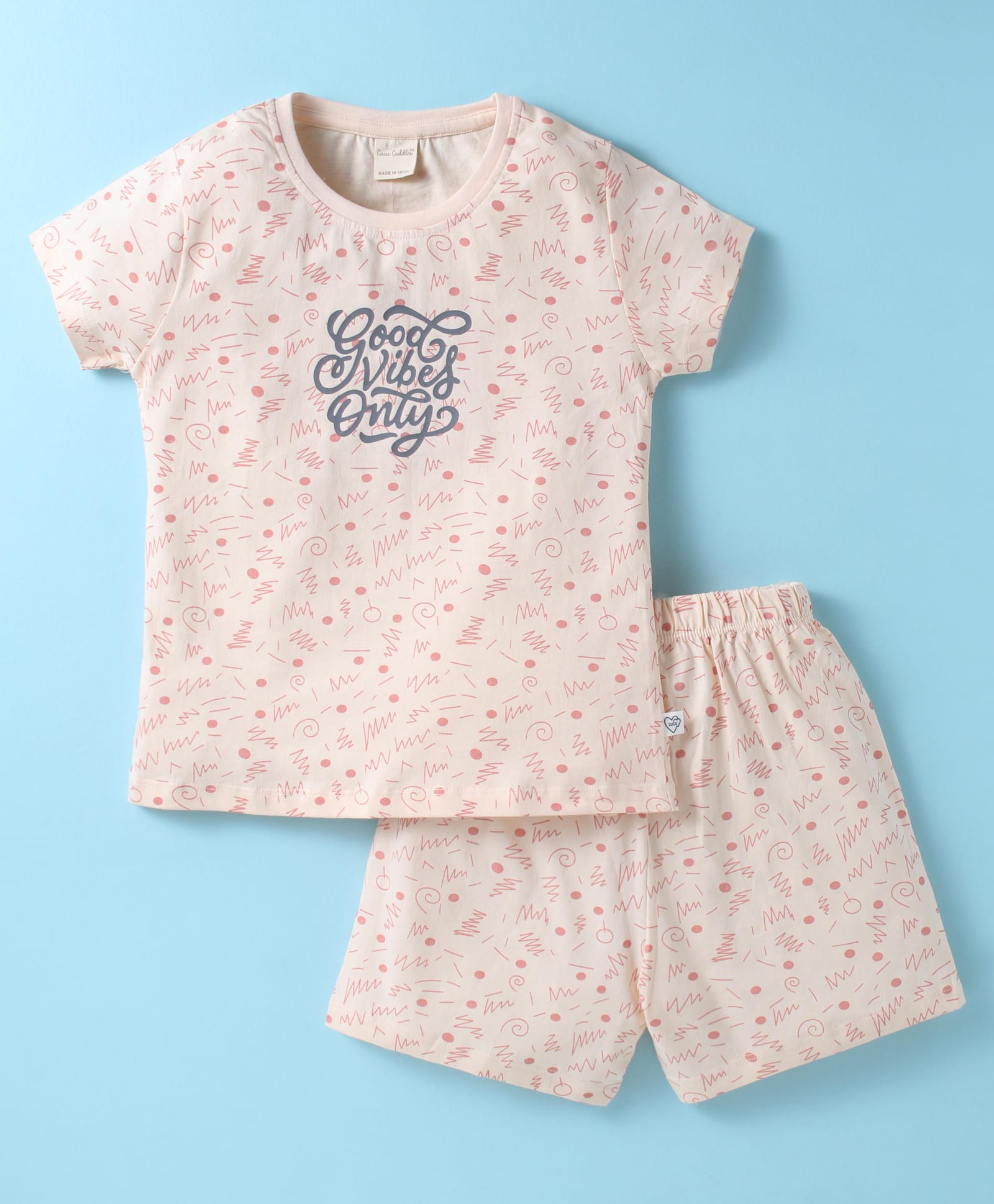 CUCUMBER Sinker Knit Half Sleeves Shorts Night Suit with Abstract & Text Print - Pink-picture-45
