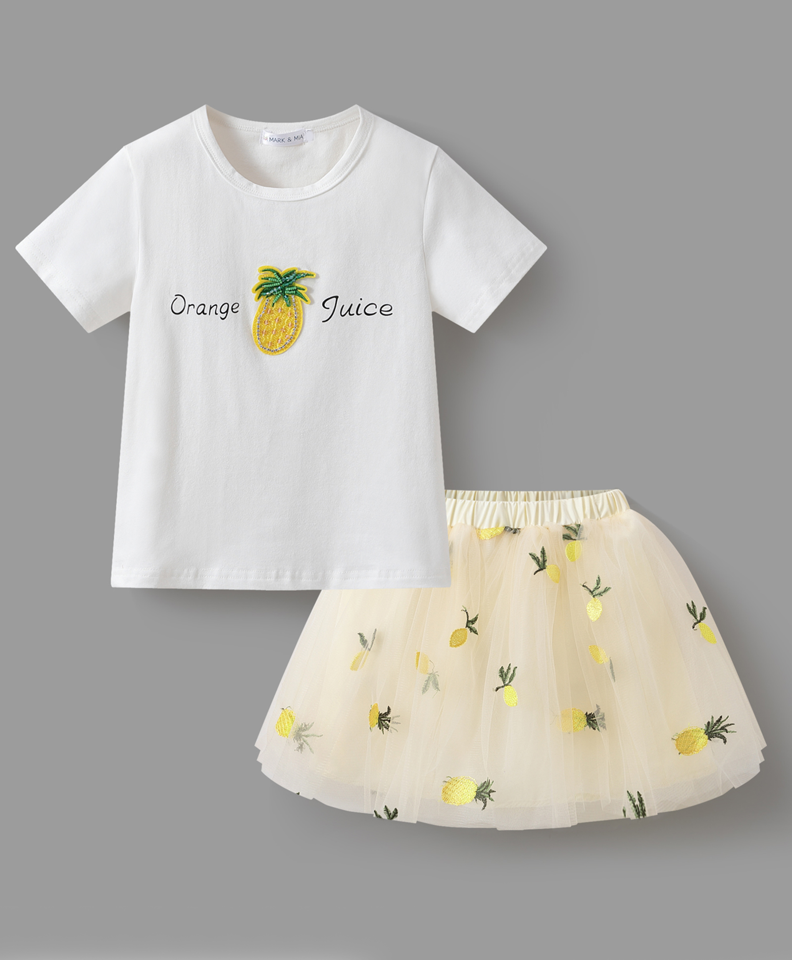 Mark & Mia Half Sleeves Top and Skirt Set with Fruit Embellishment & Embroidery - Yellow & White-image-14