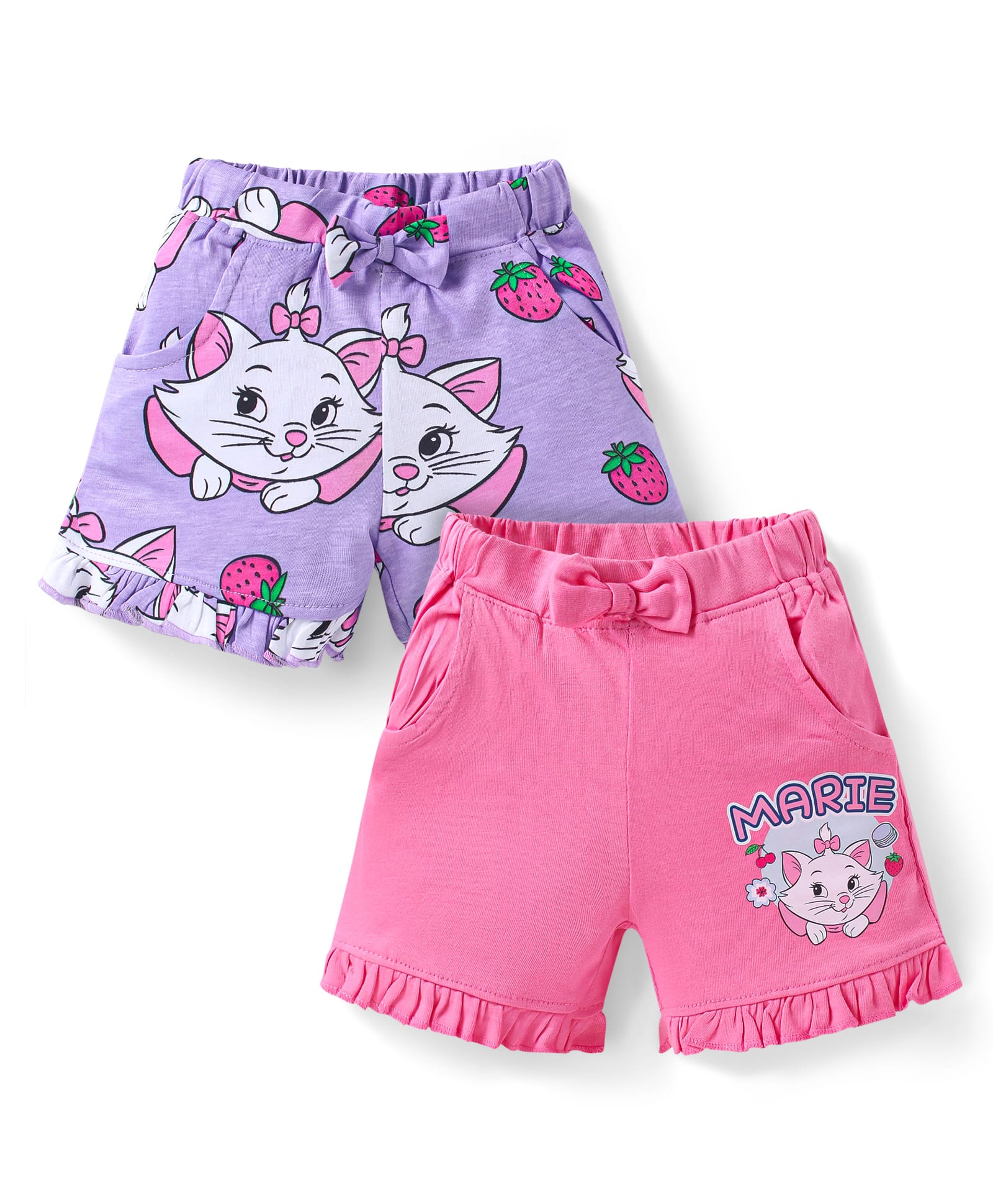 Babyhug Disney Terry Knit Above Knee Length Shorts With Marie Graphics & Frill Detailing Pack of 2 - Dark Pink & Lavender-picture-22