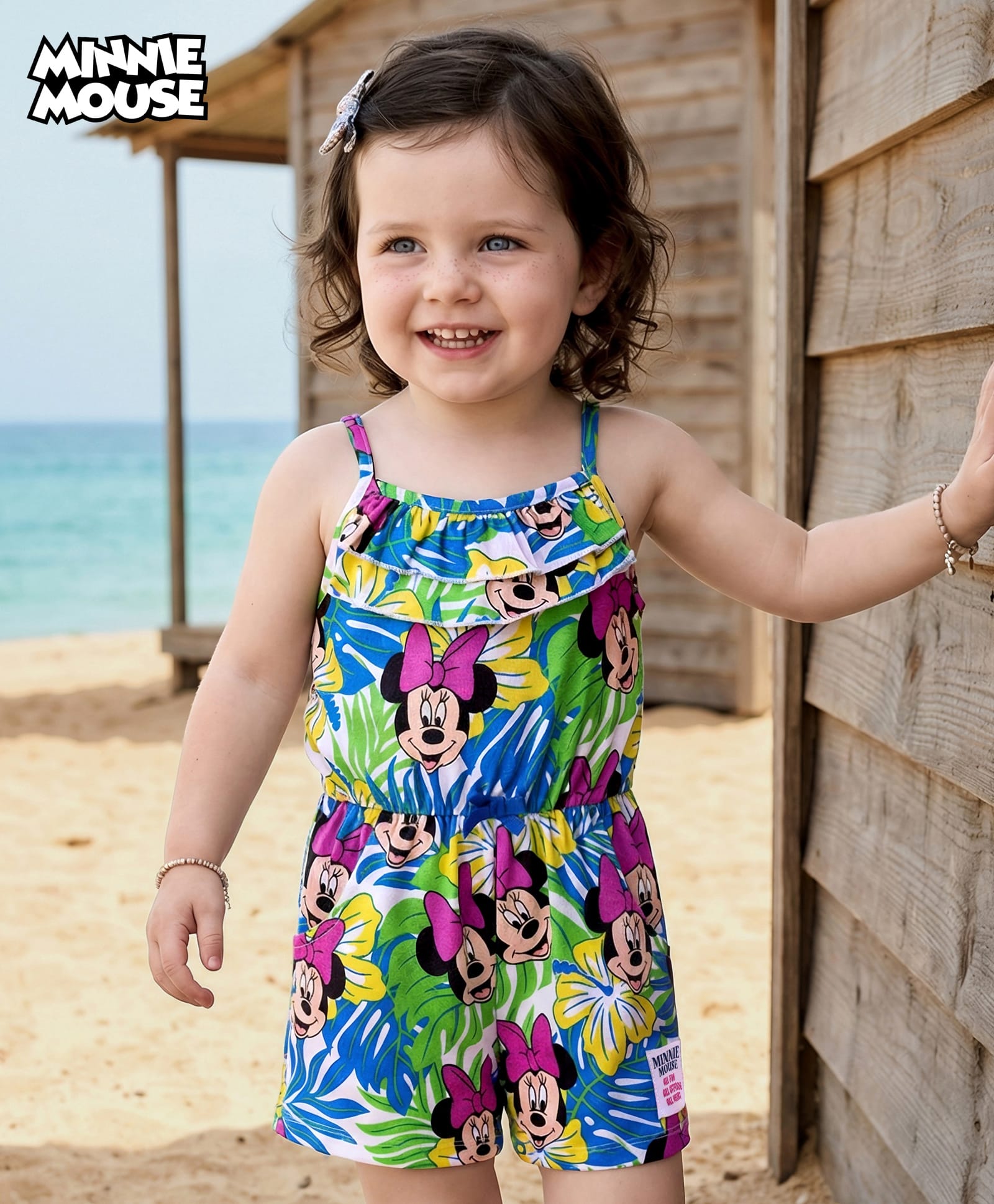 Babyhug Disney Singlet Sleeves Jumpsuit with Minnie Mouse Print - Light Green-picture-11