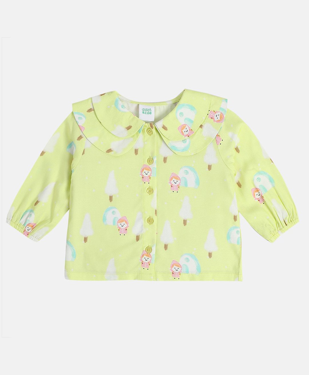 MINI KLUB Full Puffed Sleeves Baby Girl & Snow Tree Printed Shirt Style Top - Green-picture-24