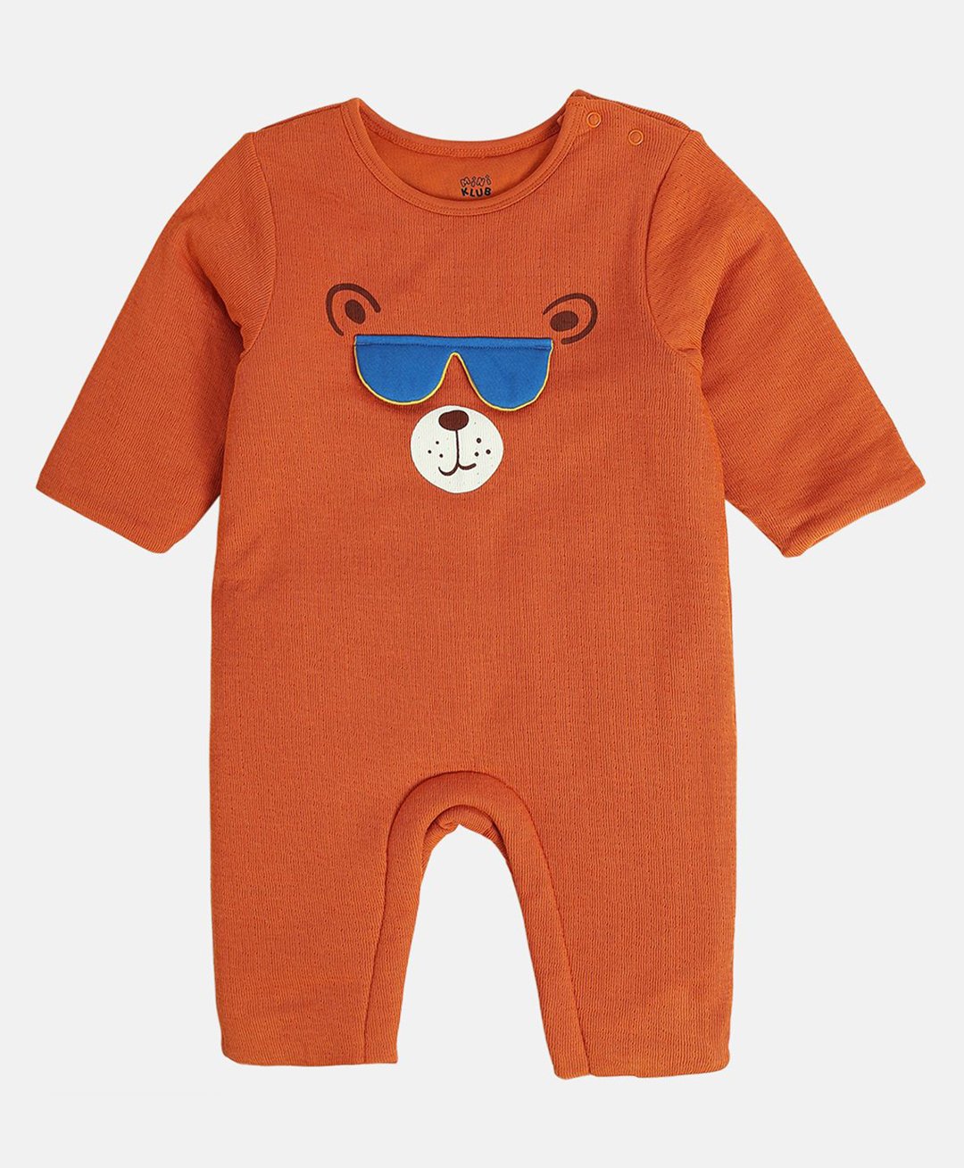 MINI KLUB Cotton Full Sleeves Bear Printed & Sunglasses Applique Detailed Romper - Rust Orange-image-26