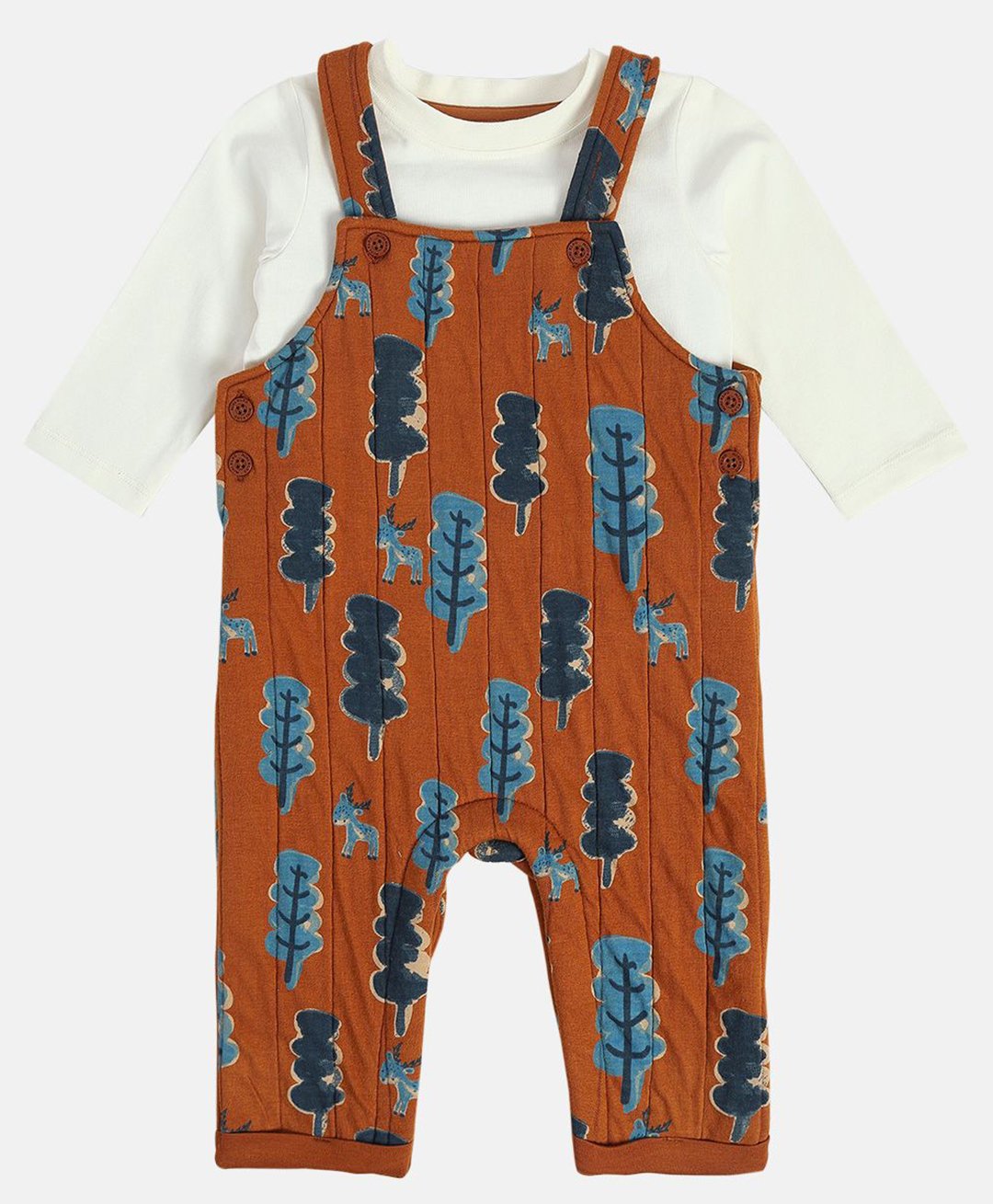 MINI KLUB Cotton Deers Printed Dungaree With Full Sleeves Tee - Marshmallow & Brown-image-27