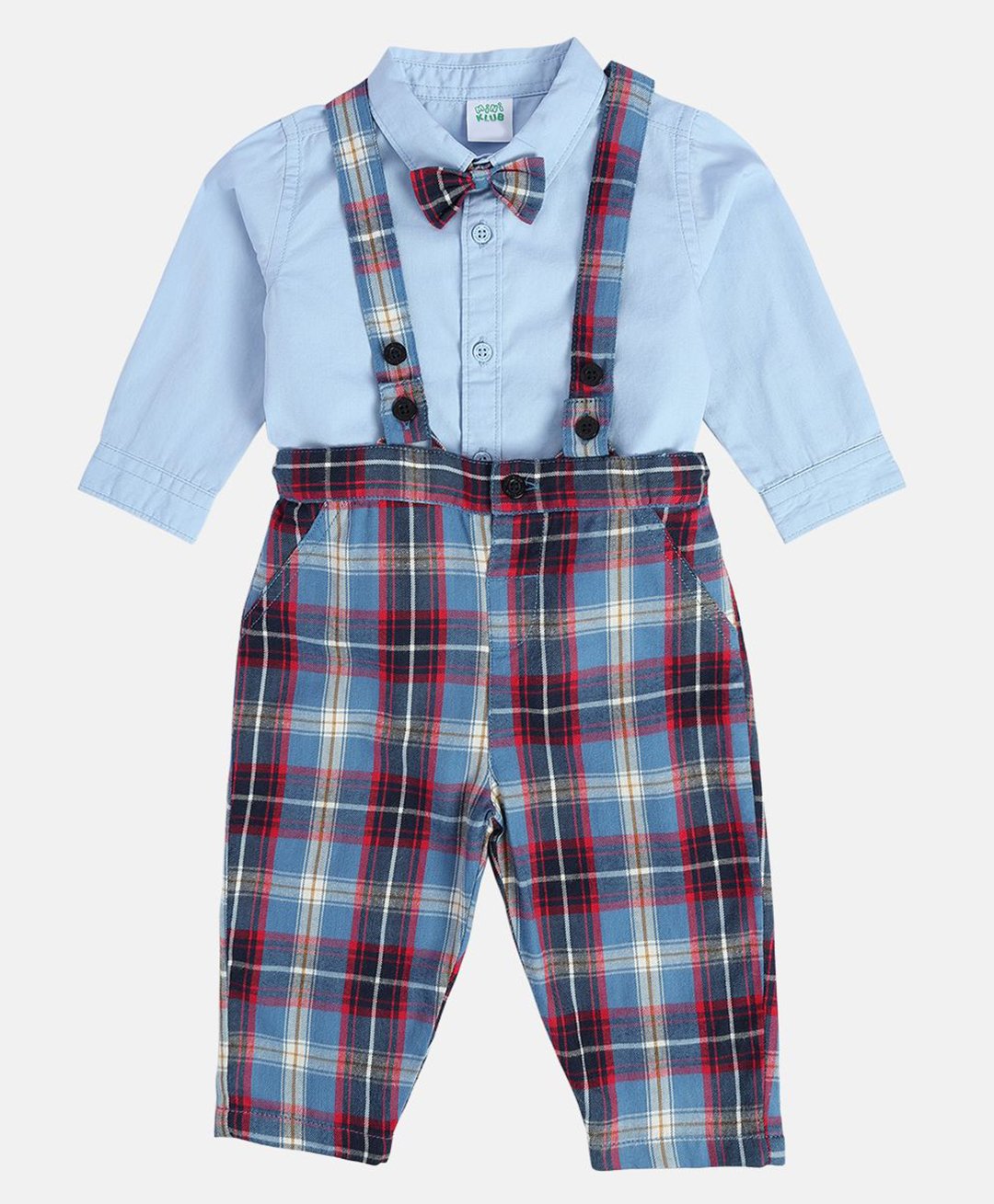 MINI KLUB Cotton Checked Dungaree With Full Sleeves Shirt & Bow Set - Blue-image-29
