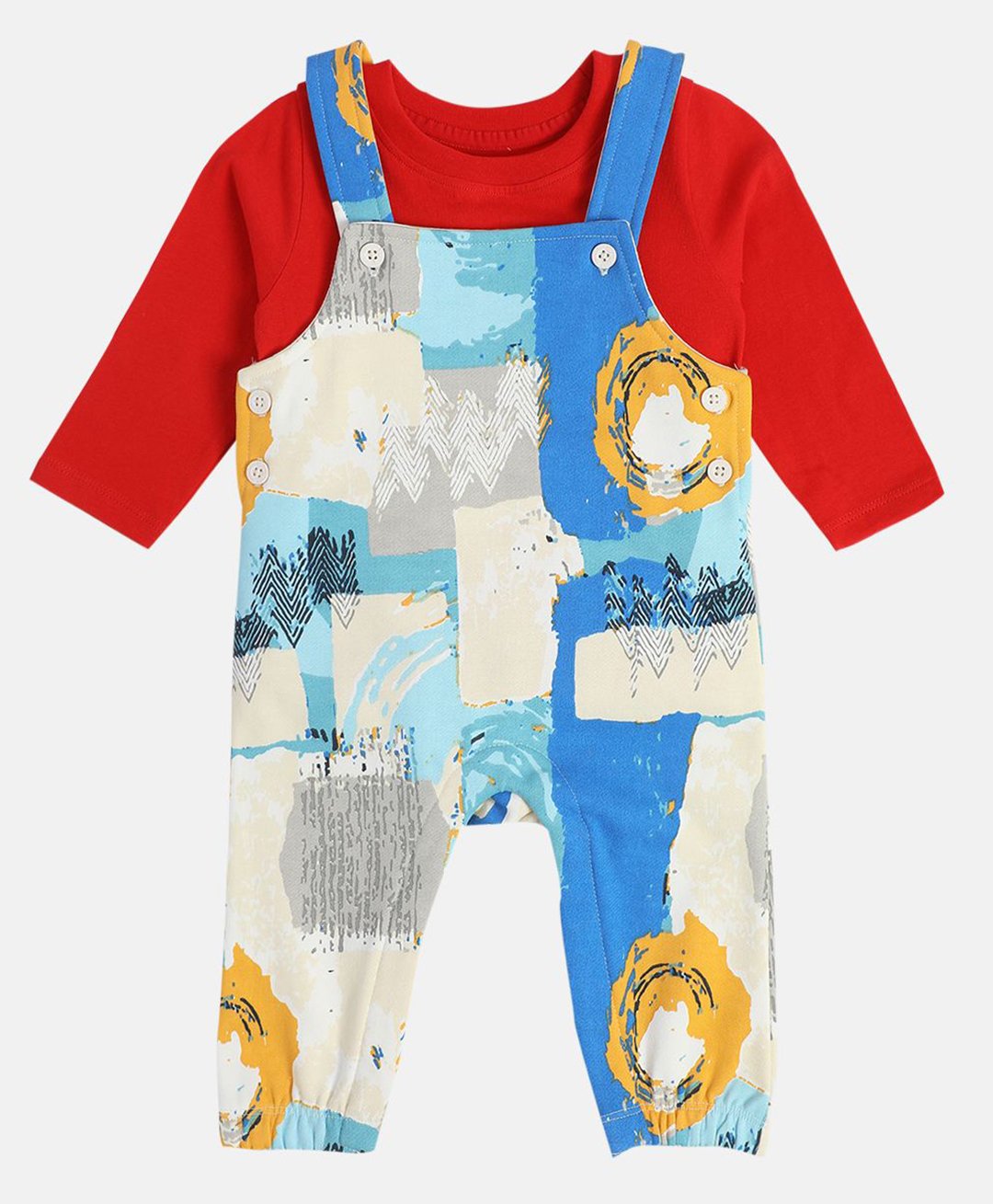 MINI KLUB Cotton Abstract Printed Dungaree With Full Sleeves Tee - Red & White-picture-15