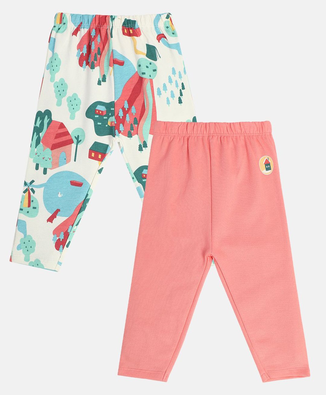 MINI KLUB Cotton Pack Of 2 House & Tree Printed Leggings - White & Pink-image-40