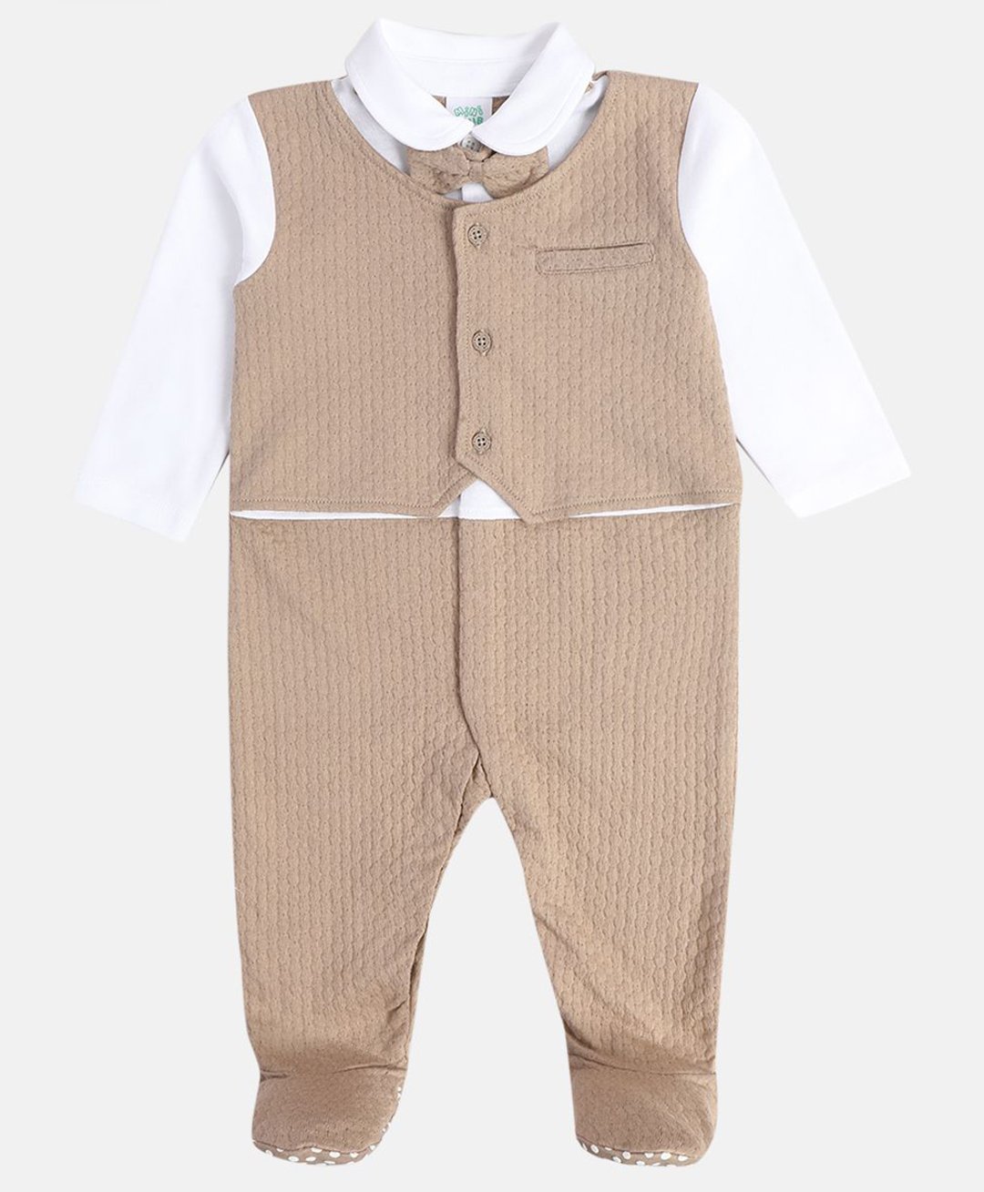 MINI KLUB Cotton Knit Full Sleeves Self Designed & Colour Blocked Sleepsuit - Brown-image-23