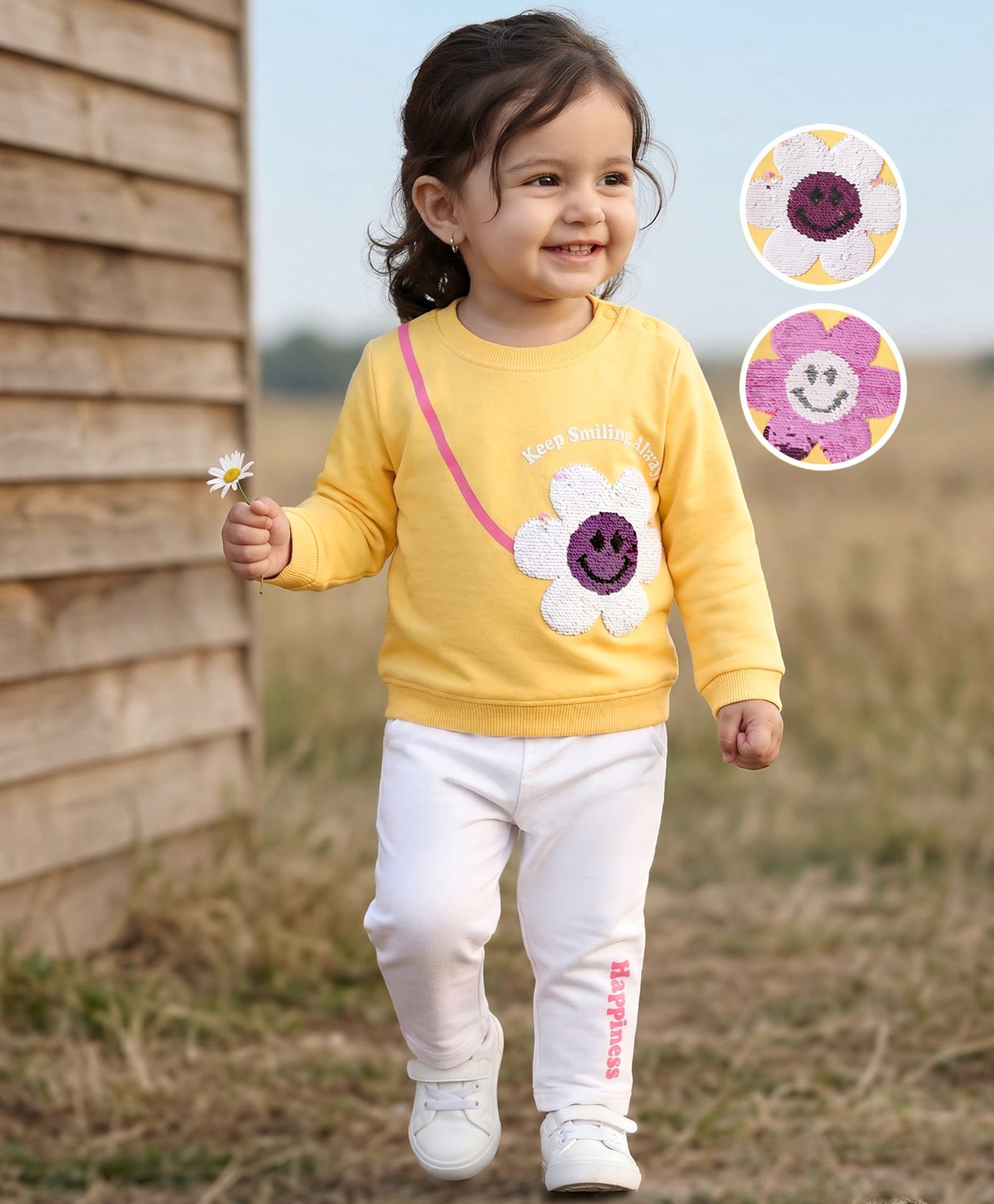 Babyhug Single Jersey Knit Full Sleeves T-Shirt & Pant Set with Reversible Sequin Derailing - Yellow & White-picture-11
