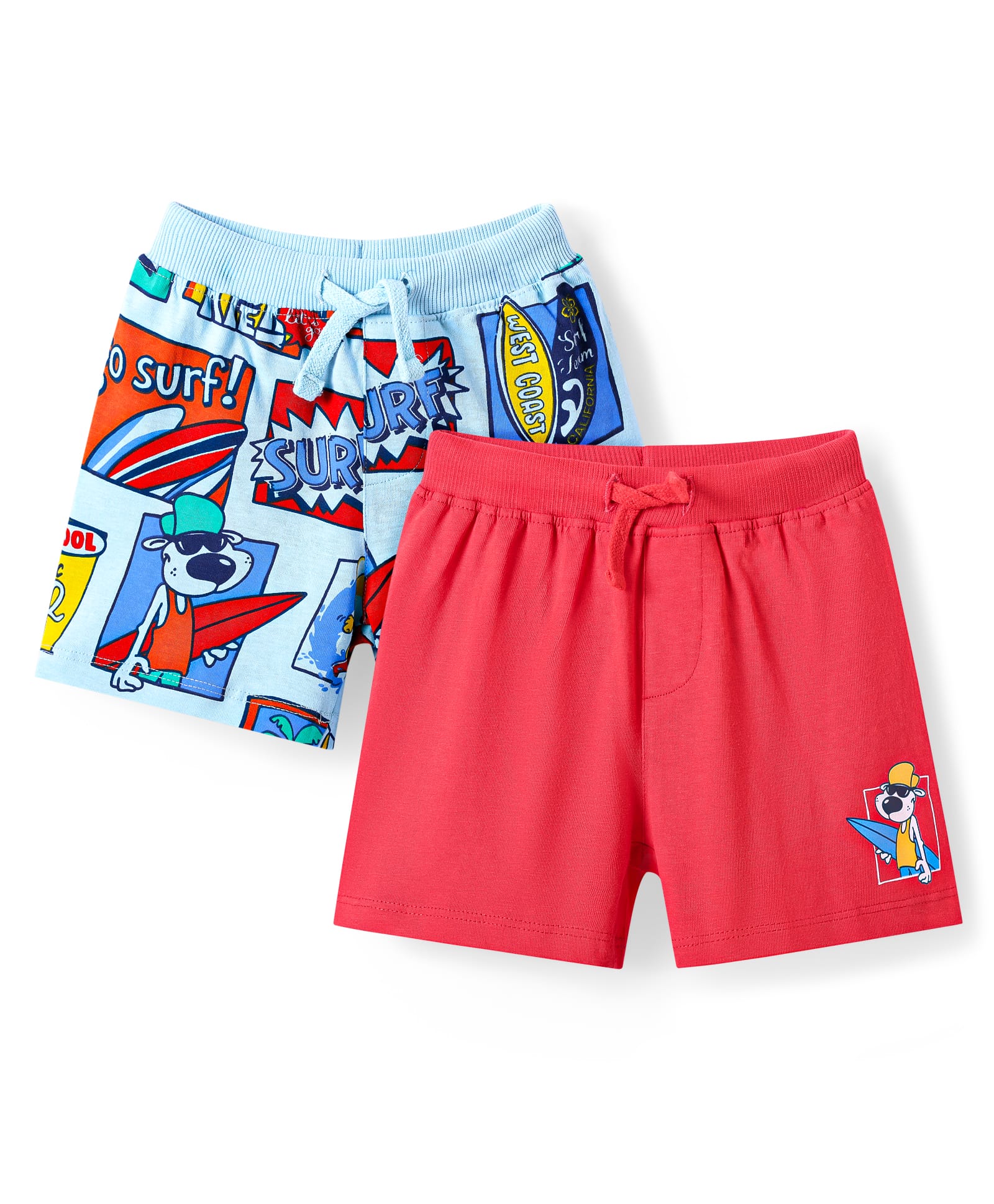 Babyhug Cotton Knit Mid Thigh Length Shorts with Beach Theme Print Pack of 2 - Red & Light Blue-picture-27