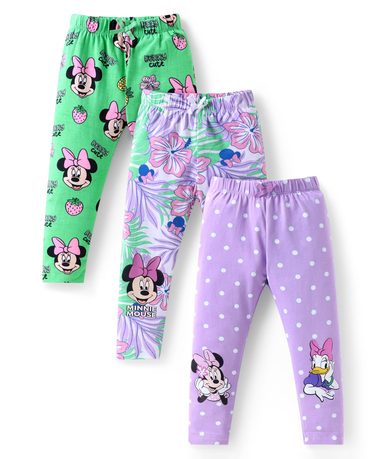 Babyhug Disney Lycra Knit Full Length Leggings With Minnie Mouse & Family Graphics Pack of 3 - Purple & Green-picture-27