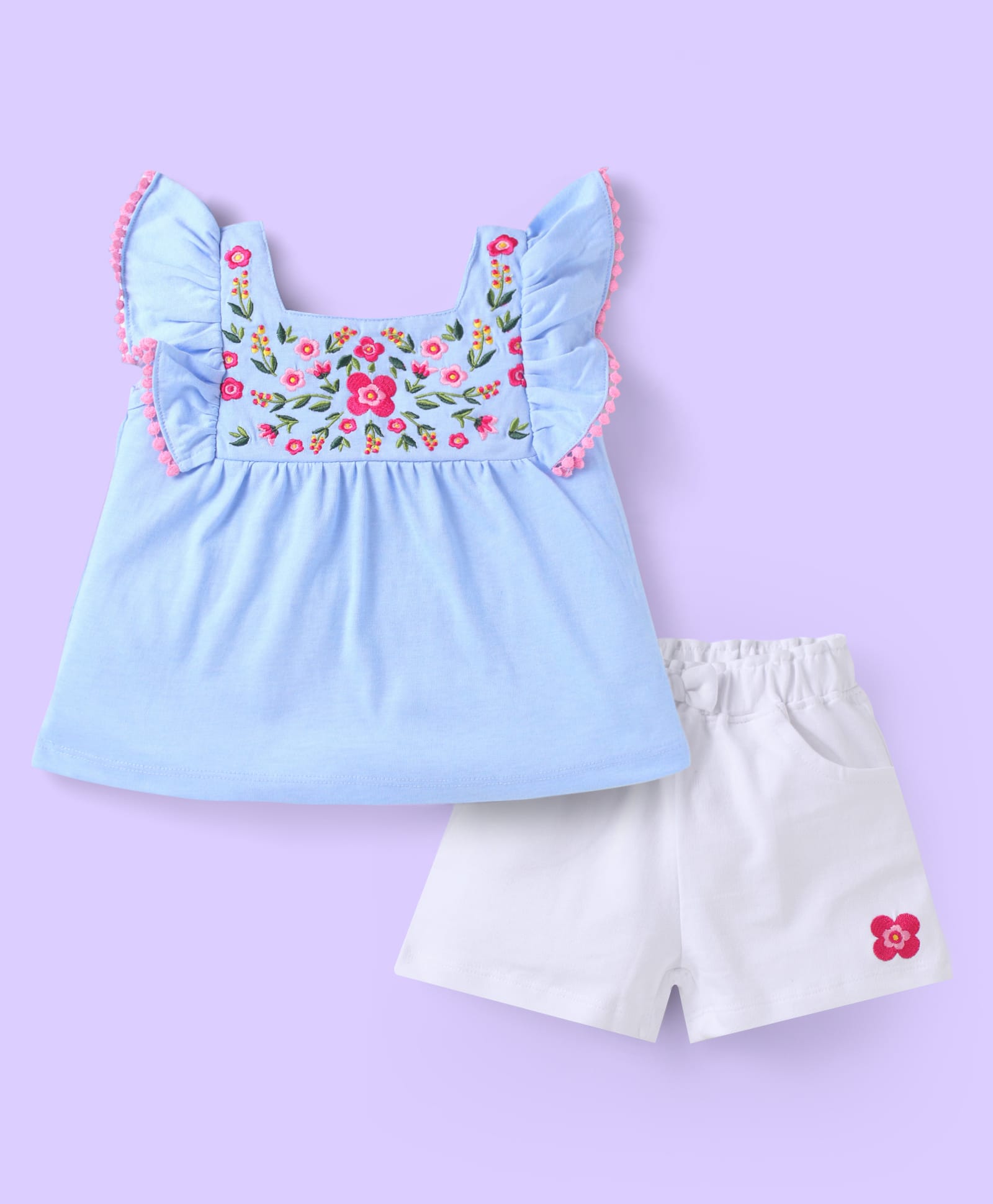 Babyhug Single Jersey Knit Frill Sleeves Top & Shorts Set with Floral Embroidery -White & Light Blue