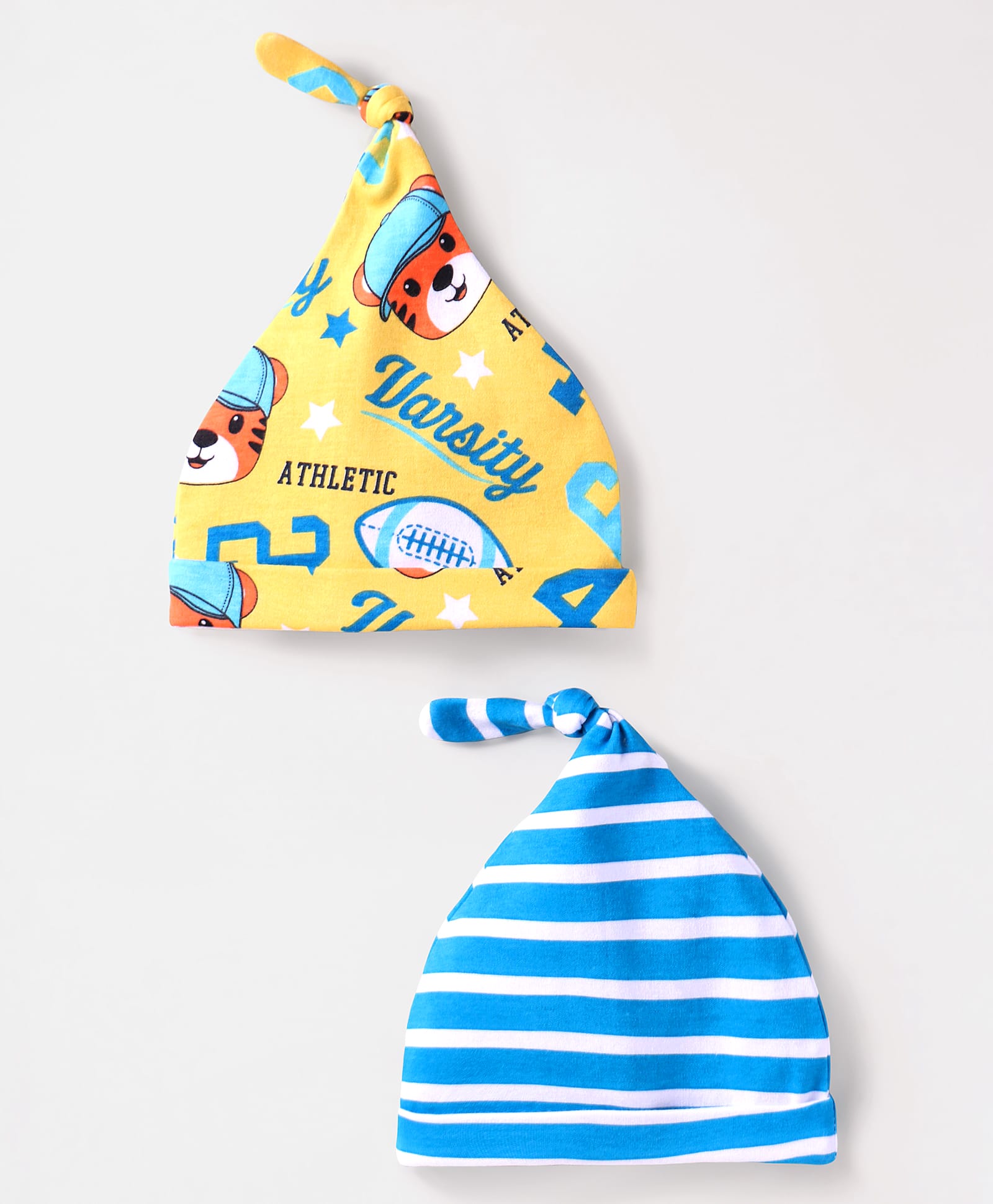 Babyhug Interlock Knit Striped & Tiger Print Caps Pack Of 2 - Blue & Yellow-picture-14