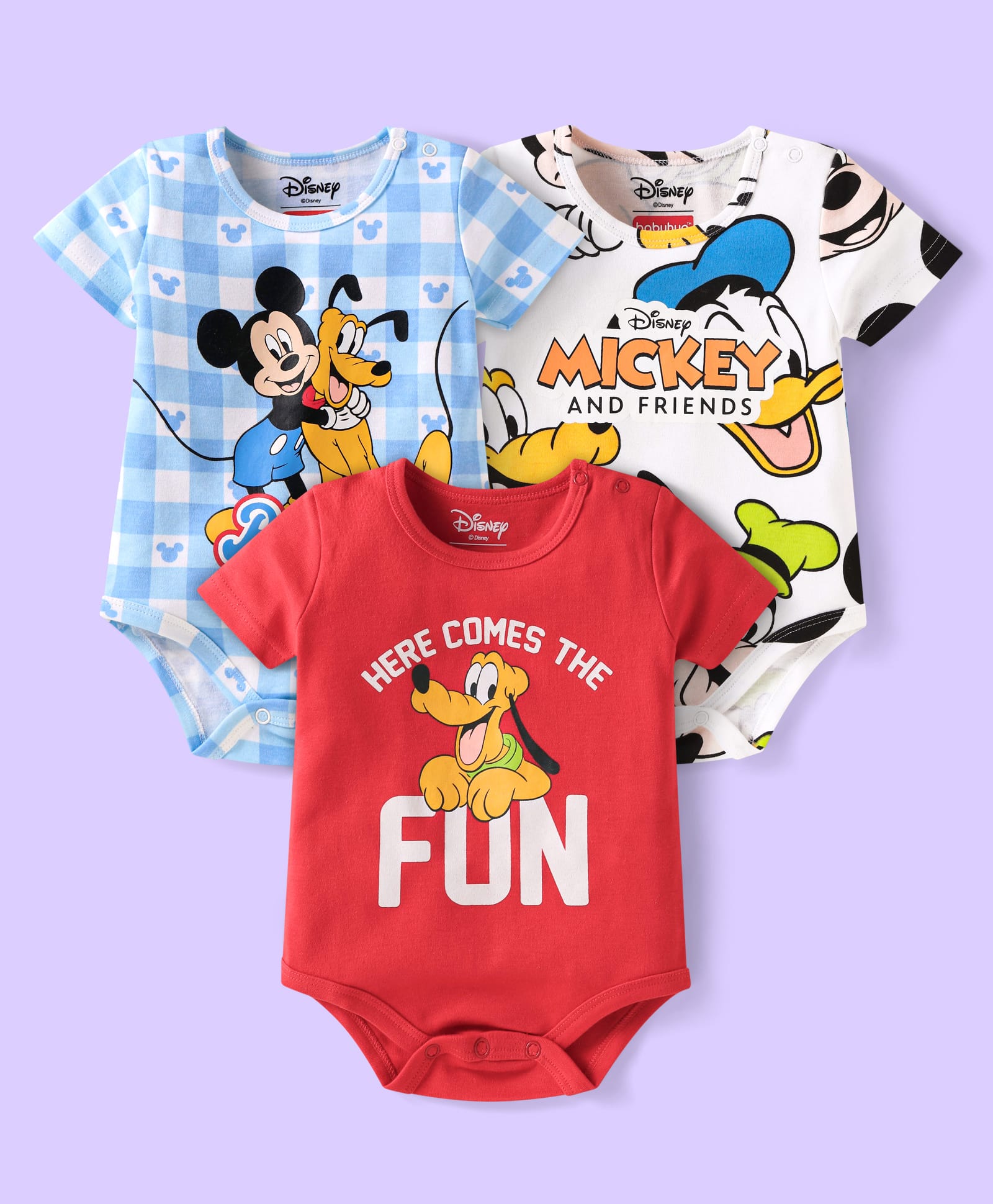 Babyhug Disney Interlock Knit Half Sleeves Onesies with Mickey & Friends Graphics Pack of 3 - White Light Blue & Red-picture-26