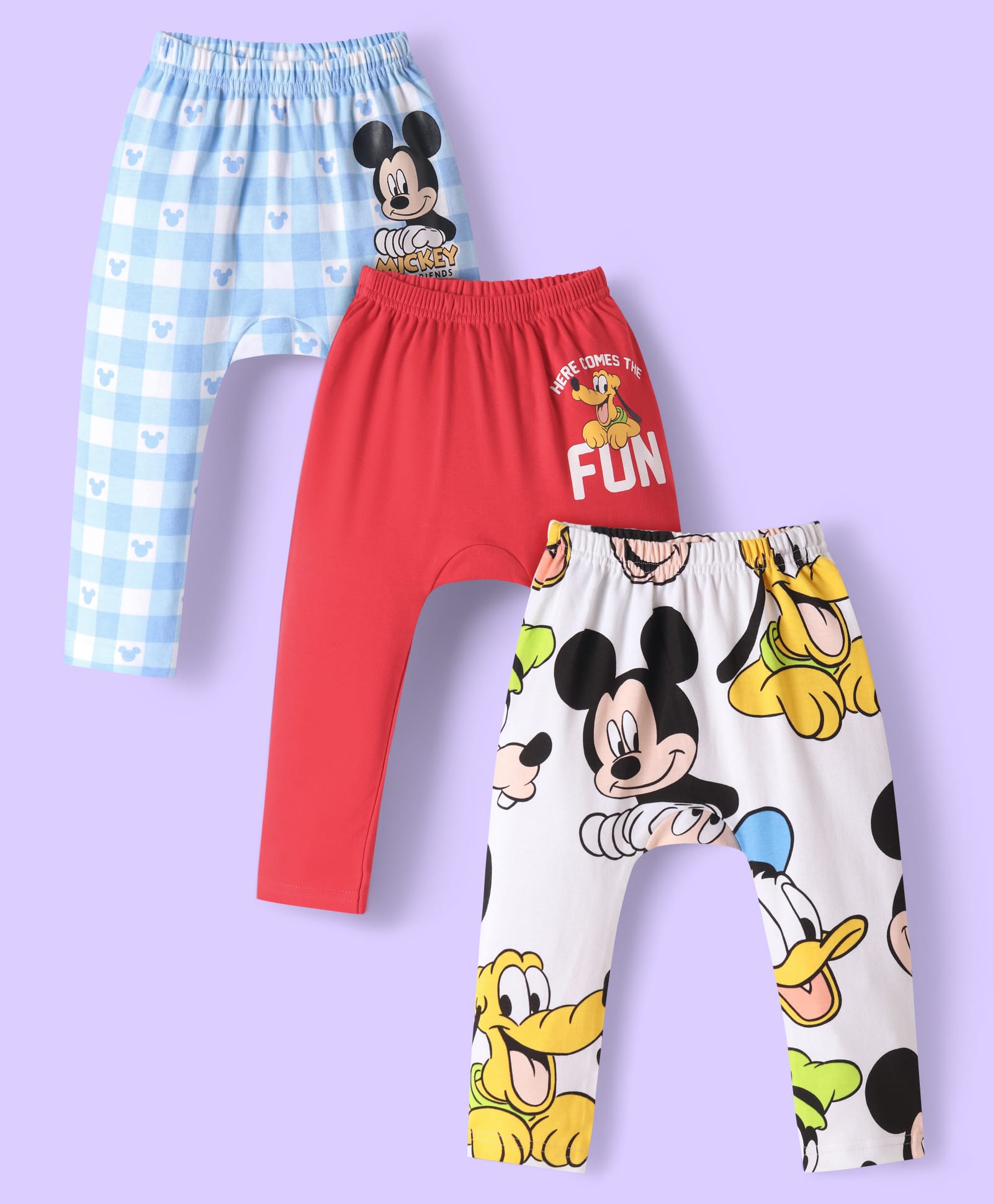 Babyhug Disney Interlock Knit Ankle Length Diaper Leggings with Mickey & Friends Graphics Pack of 3 - Red White & Light Blue