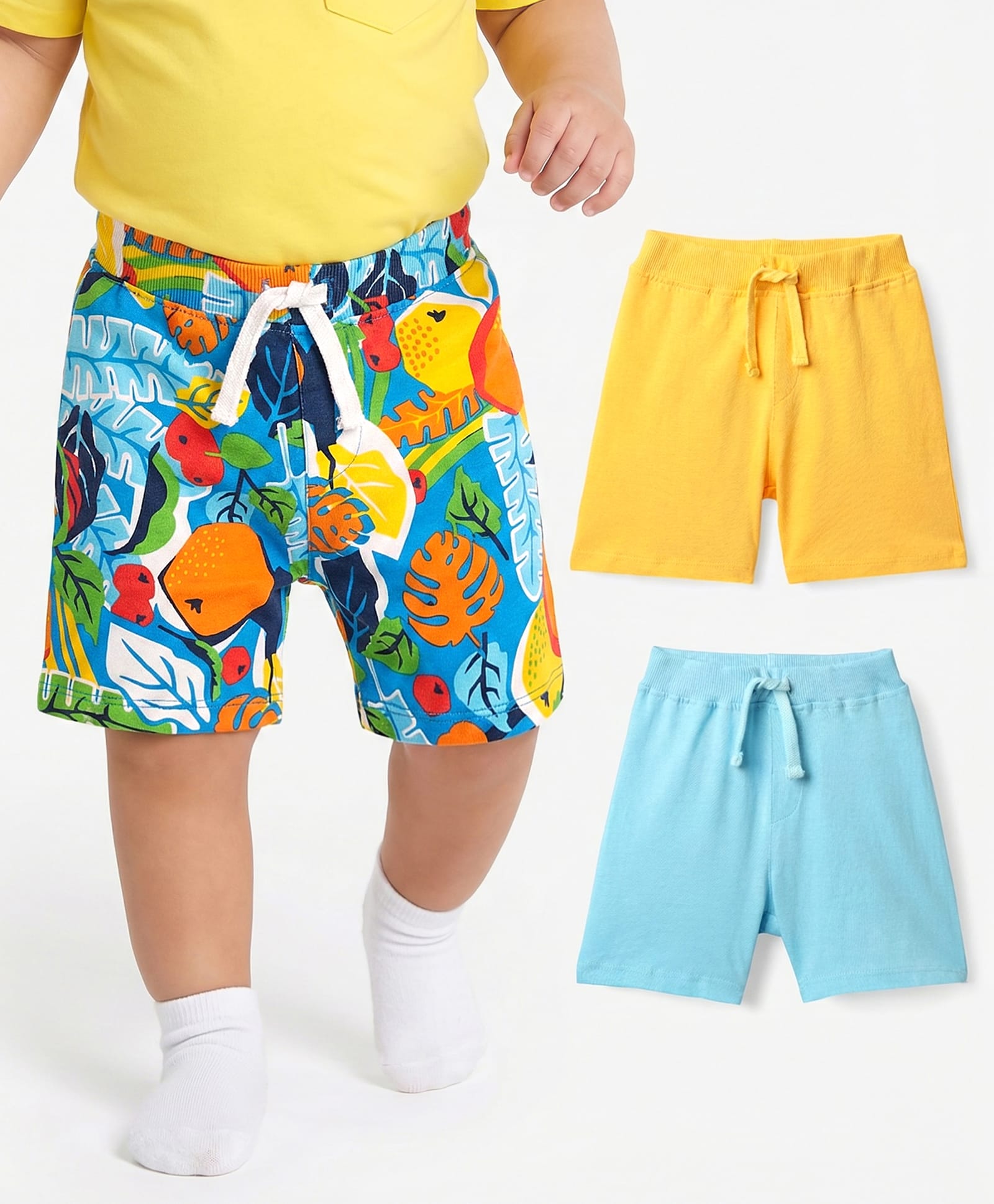 Babyhug Cotton Knit Mid Thigh Shorts with Tropical Theme Print Pack of 3 - Yellow & Light Blue-image-44