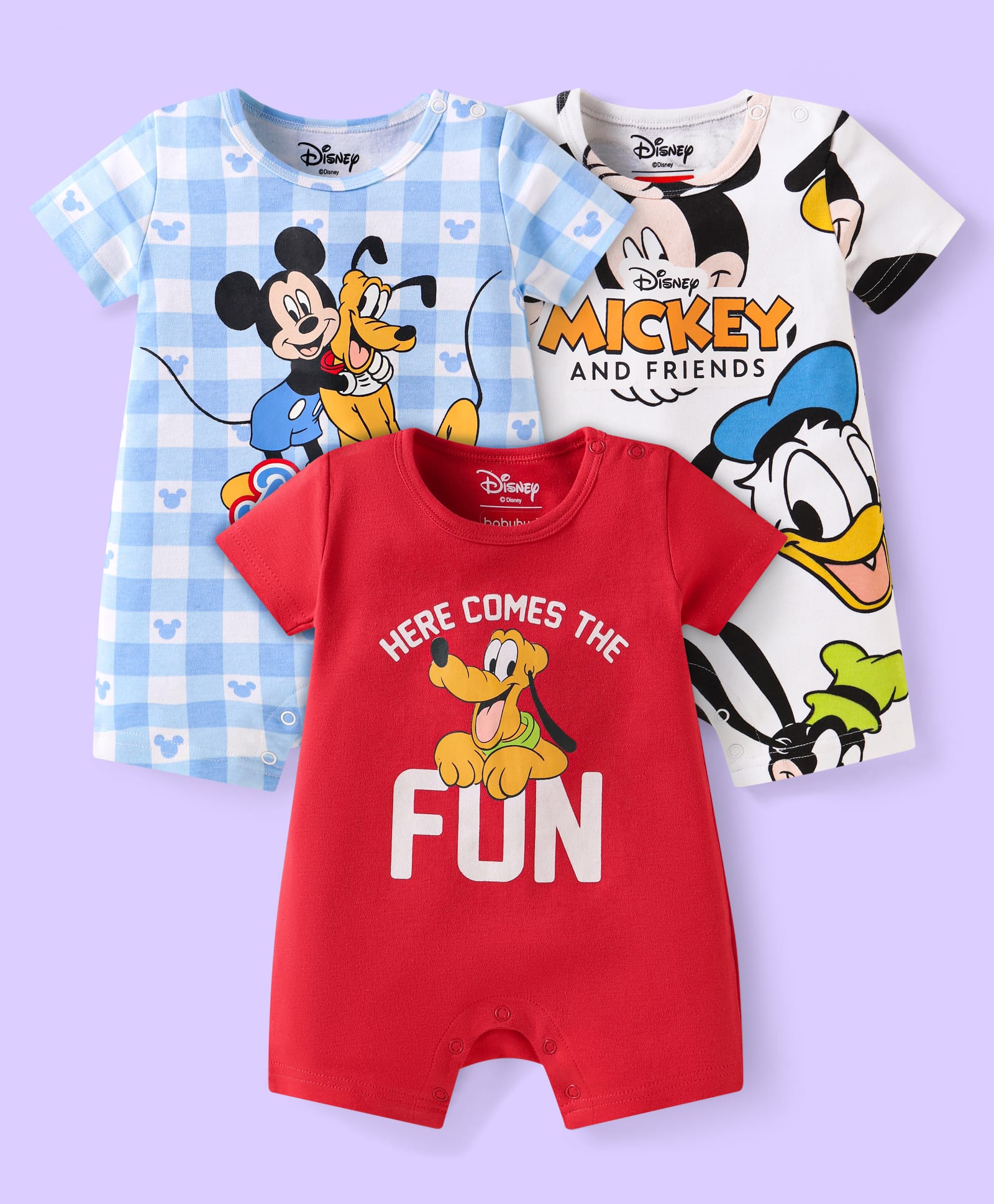 Babyhug Disney Interlock Knit Half Sleeves Rompers with Mickey & Friends Graphics Pack of 3 - White Light Blue & Red-picture-34