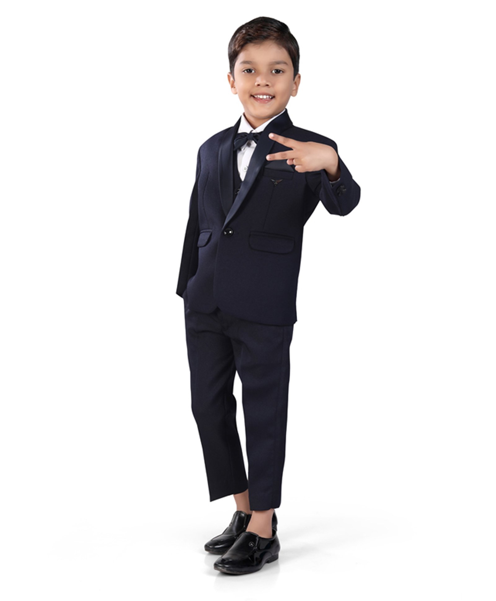 Earth Conscious Blended Full Sleeves Solid 4 Piece Coordinating Party Suit Set - Navy Blue-image-3