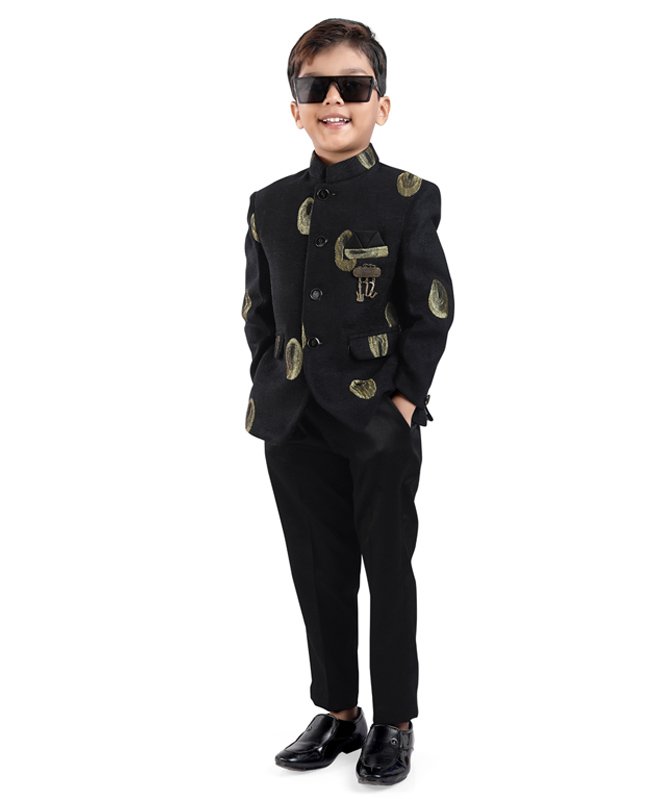 Earth Conscious Full Sleeves Abstract Foil Printed Jodhpuri Blazer & Pant Set - Black-image-38
