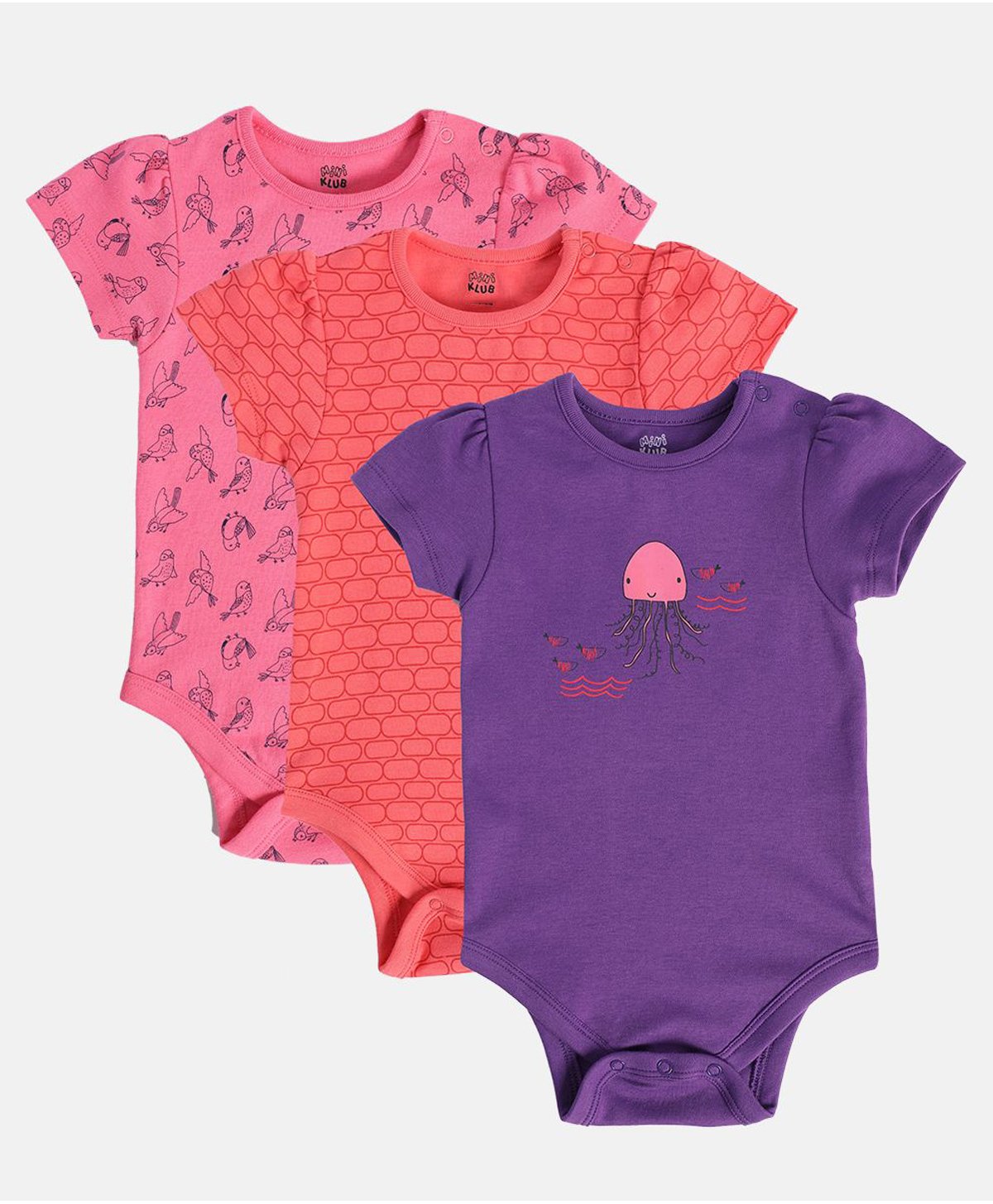 MINI KLUB Cotton Pack Of 3 Half Sleeves Birds & Octopus Printed Onesies - Pink Peach & Violet-picture-9