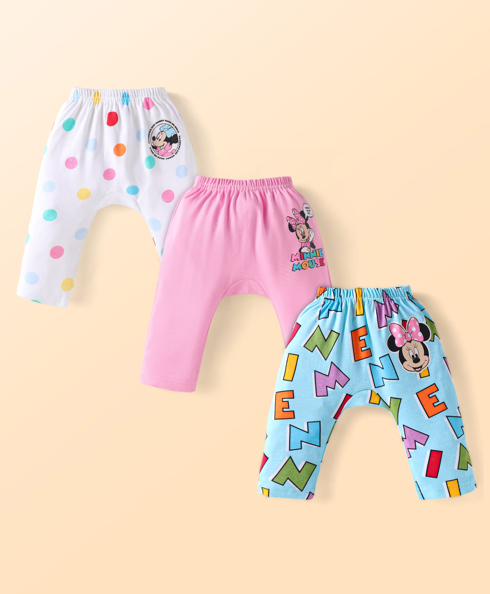 Babyhug Disney Interlock Knit Full Length Diaper Leggings With Minnie Mouse Graphic - Pack of 3 - White Pink & Blue-picture-13