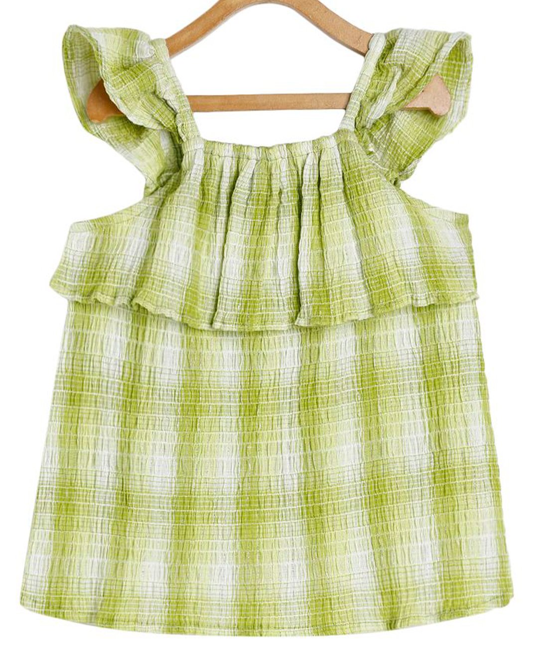 MINI KLUB Cotton Frill Sleeves Checked Smocked Top - Green-picture-10