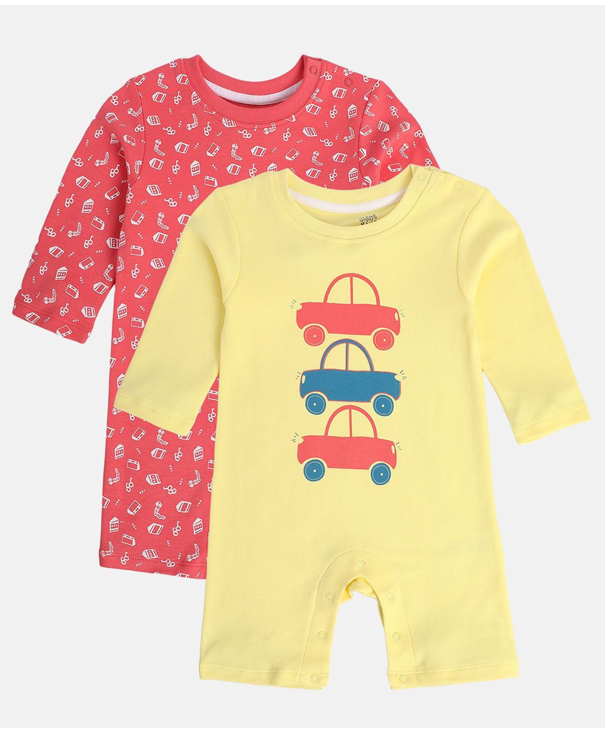 MINI KLUB Cotton Pack Of 2 Full Sleeves Cars & Sunglasses Printed Rompers - Red & Yellow-image-41