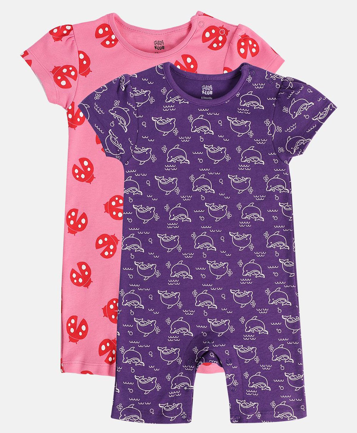 MINI KLUB Cotton Pack Of 2 Half Sleeves Dolphin & Lady Bug Printed Rompers - Pink & Violet-image-44