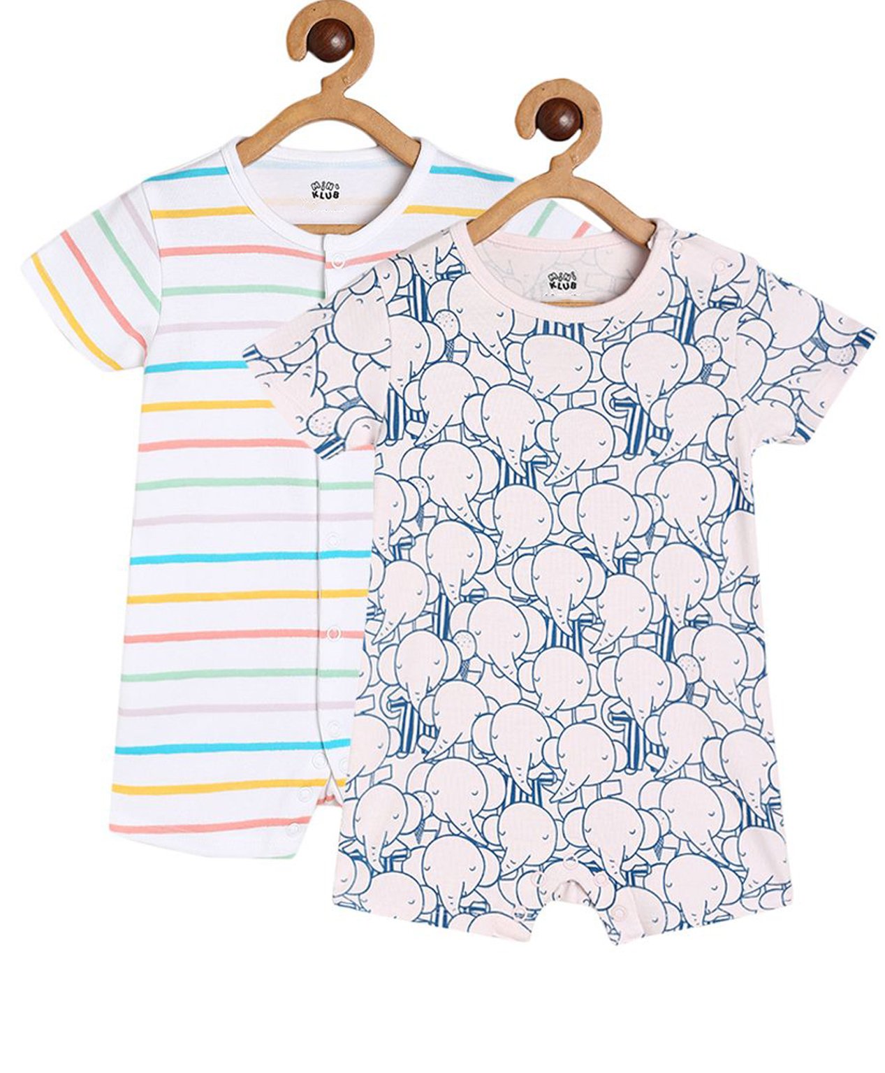MINI KLUB Cotton Pack Of 2 Half Sleeves Striped & Elephants Printed Rompers - White & Blue-image-11