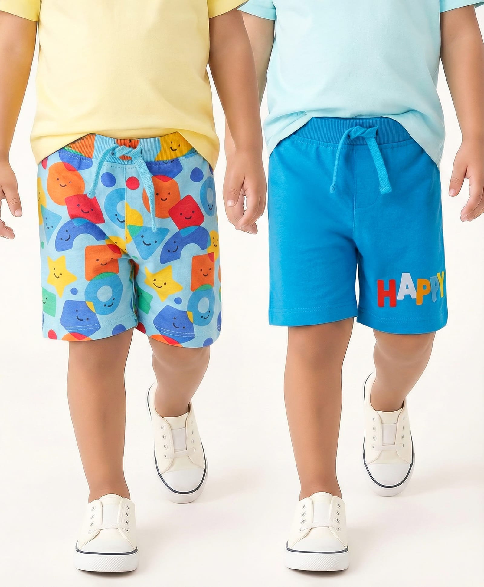 Babyhug Single Jersey Knit Mid Thigh Shorts with Happy Text Print Pack Of 2 - Blue-picture-19