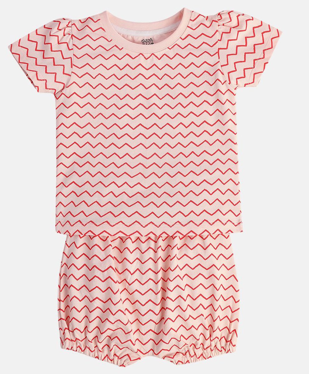 MINI KLUB Cotton Half Sleeves Chevron Printed Tee With Shorts Set - Pink-image-12