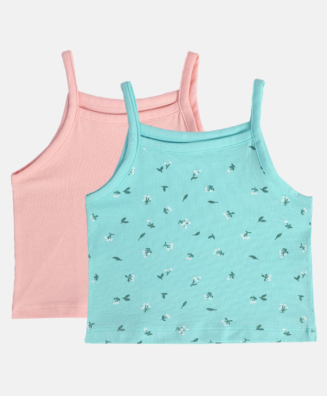 MINI KLUB Cotton Pack Of 2 Sleeveless Solid & Floral Printed Camisoles - Pink & Green-picture-28