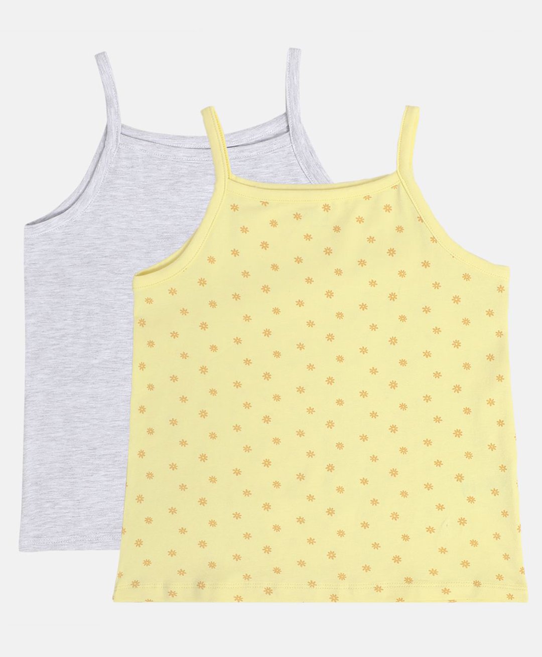 MINI KLUB Cotton Pack Of 2 Sleeveless Solid & Floral Printed Camisoles - Grey & Yellow-image-36