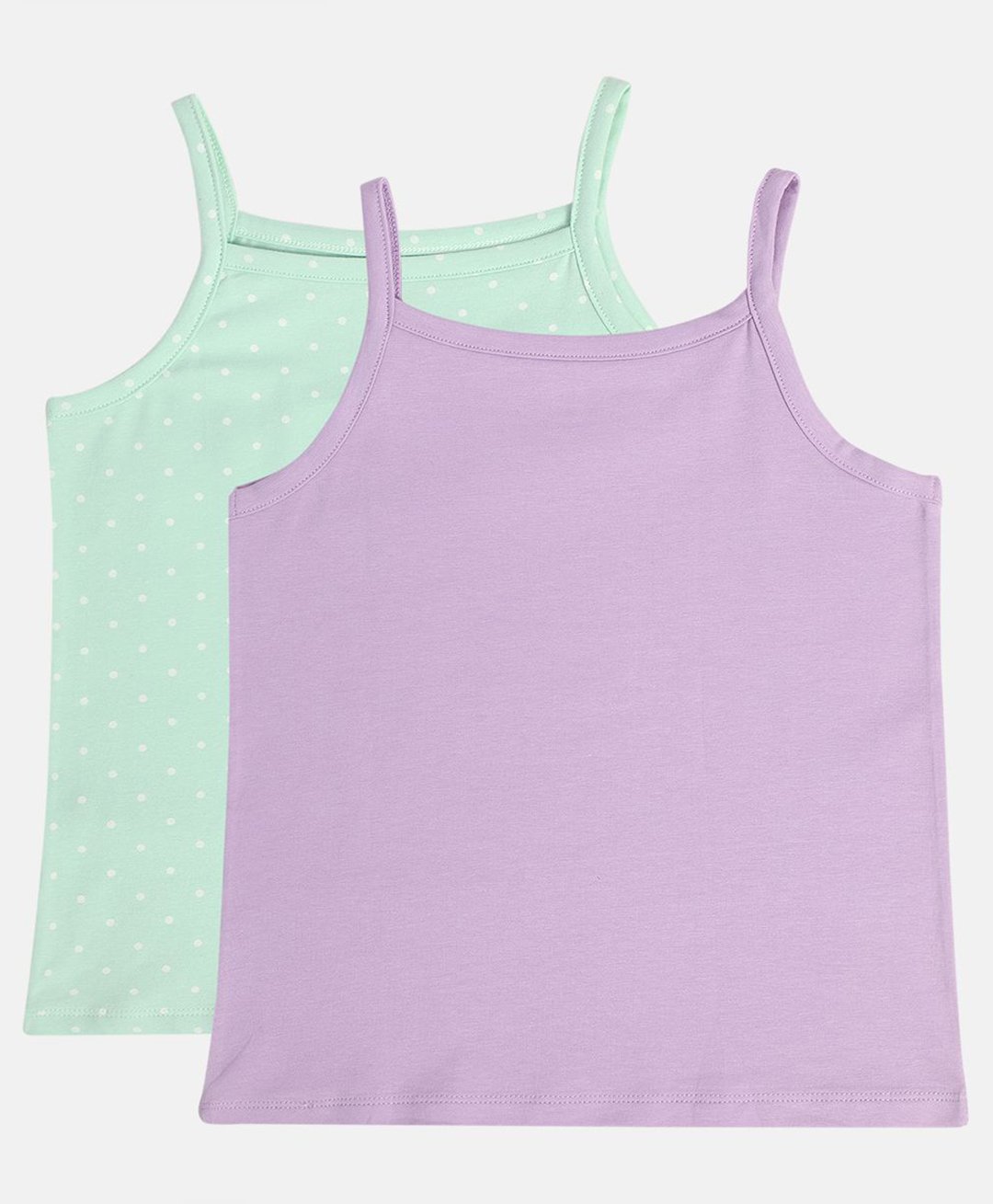 MINI KLUB Cotton Pack Of 2 Sleeveless Solid & Polka Dots Printed Camisoles - Purple & Green-image-25