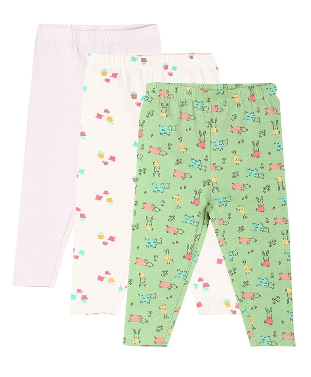 MINI KLUB Cotton Pack Of 3 Solid & Animal Printed Leggings - Lavender Pink & Green-picture-30