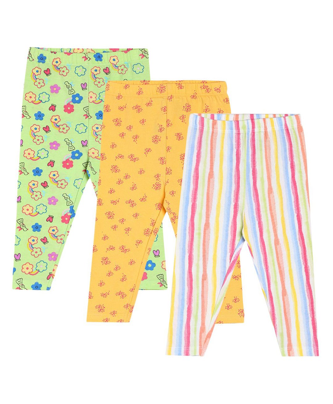 MINI KLUB Cotton Pack Of 3 Striped & Floral Printed Leggings - Green White & Yellow-picture-21