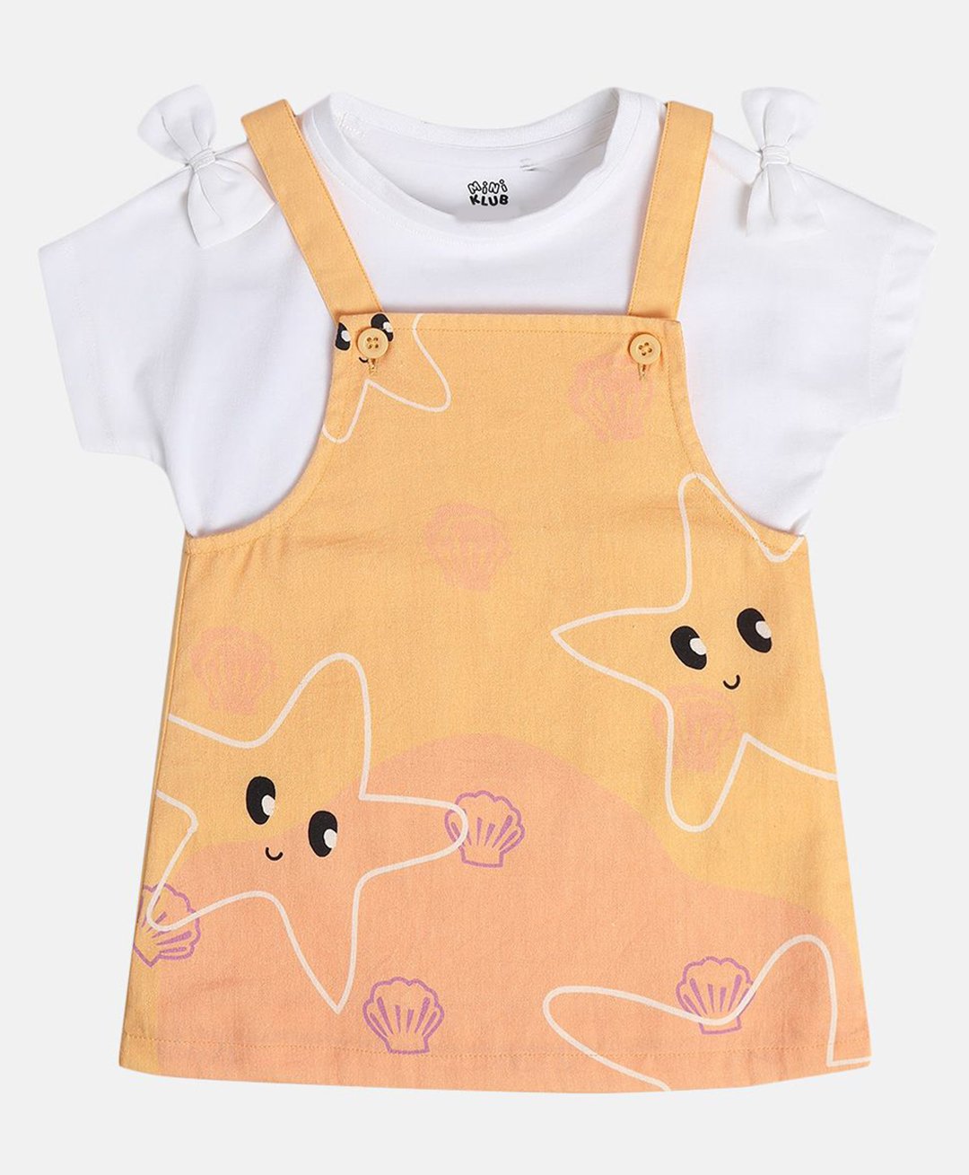 MINI KLUB Cotton Star Fish Printed Dungaree With Half Sleeves Bow Applique Detailed Top Set - Orange & White-picture-17